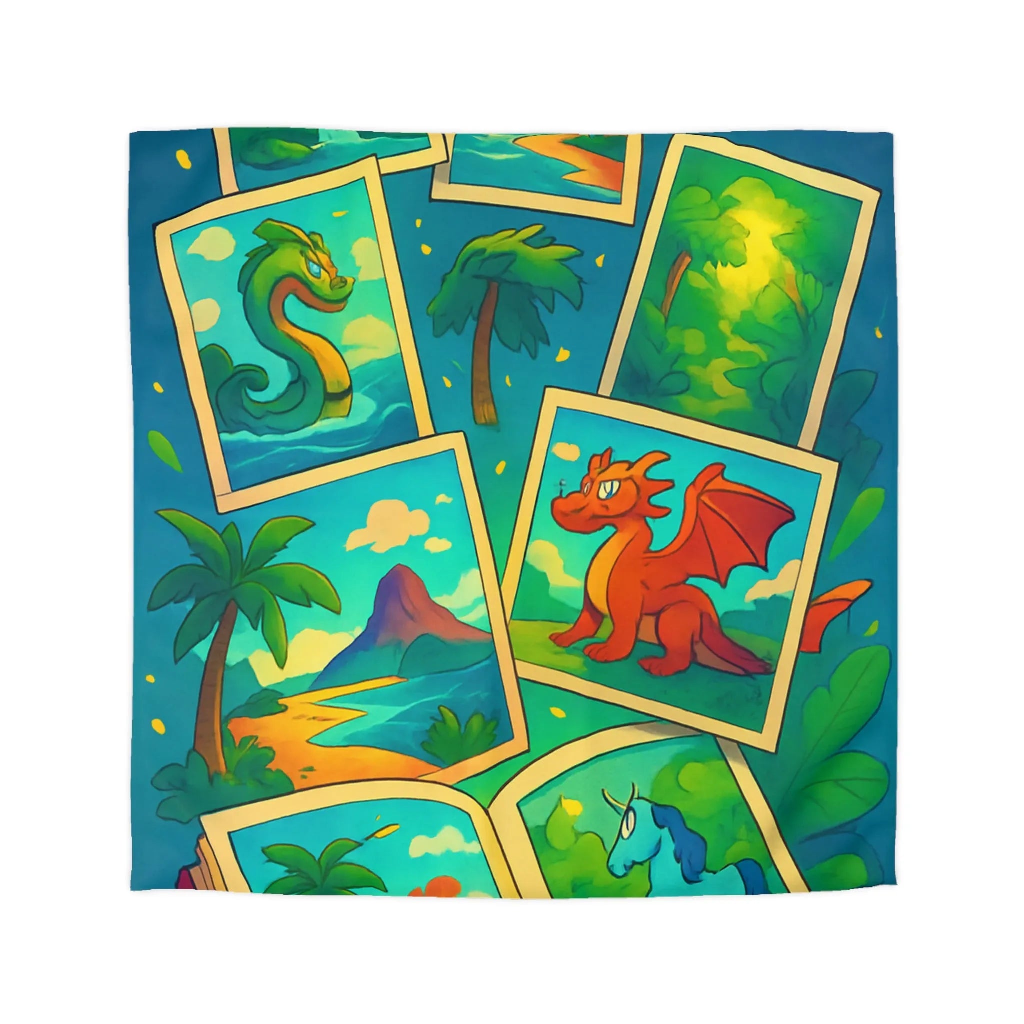 Housse de couette avec illustrations magiques de dragons, licornes et paysages enchanteurs