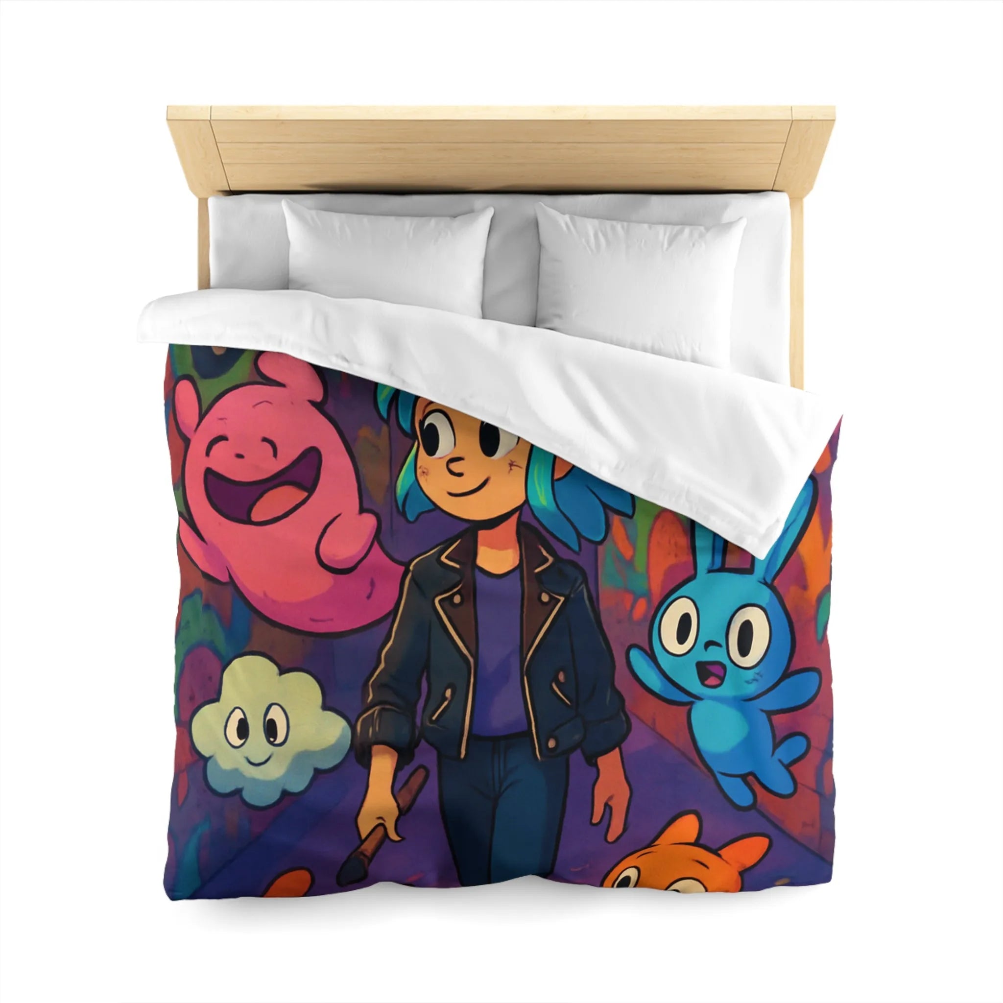 Housse de couette colorée avec personnages fantasy dans une ruelle urbaine magique