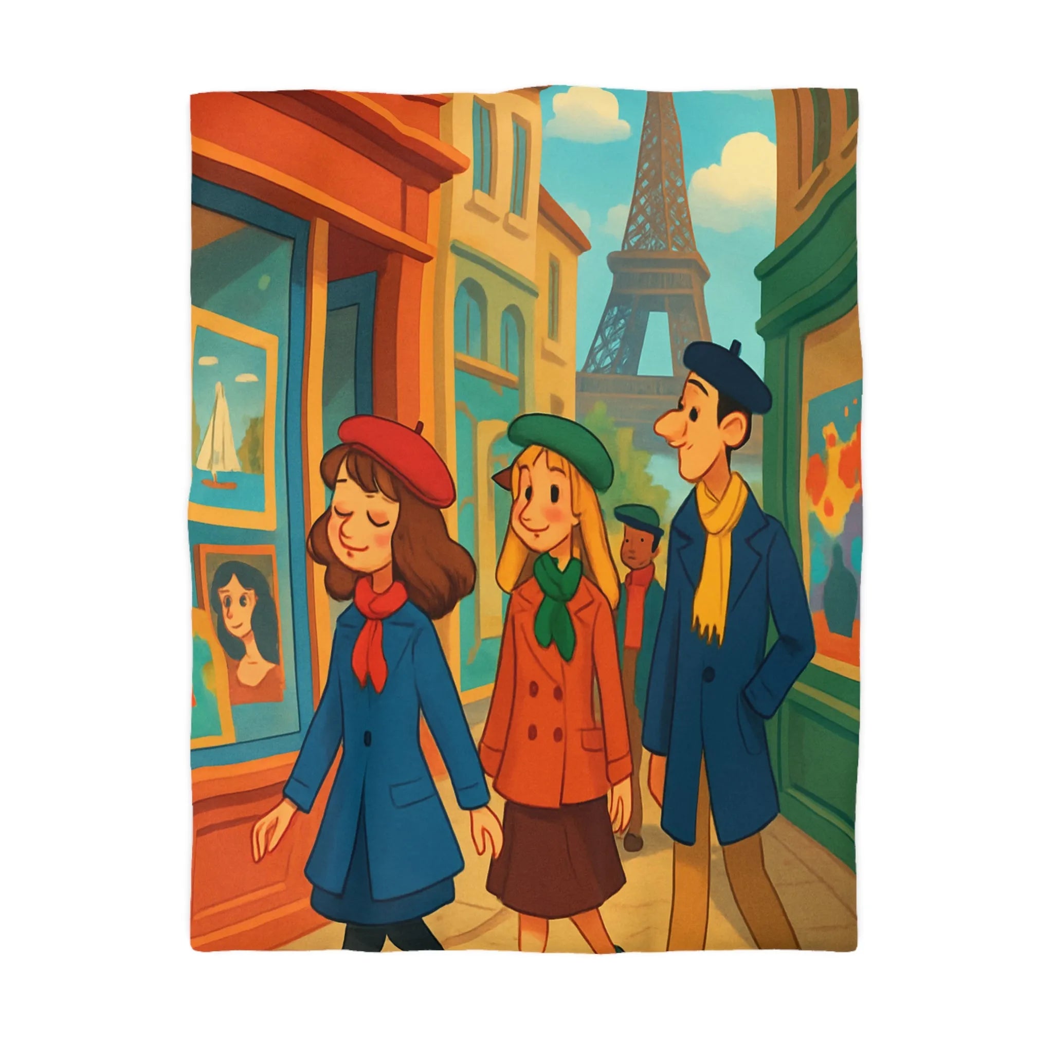 Housse de couette illustrée Paris promenade style rétro avec amis et Tour Eiffel