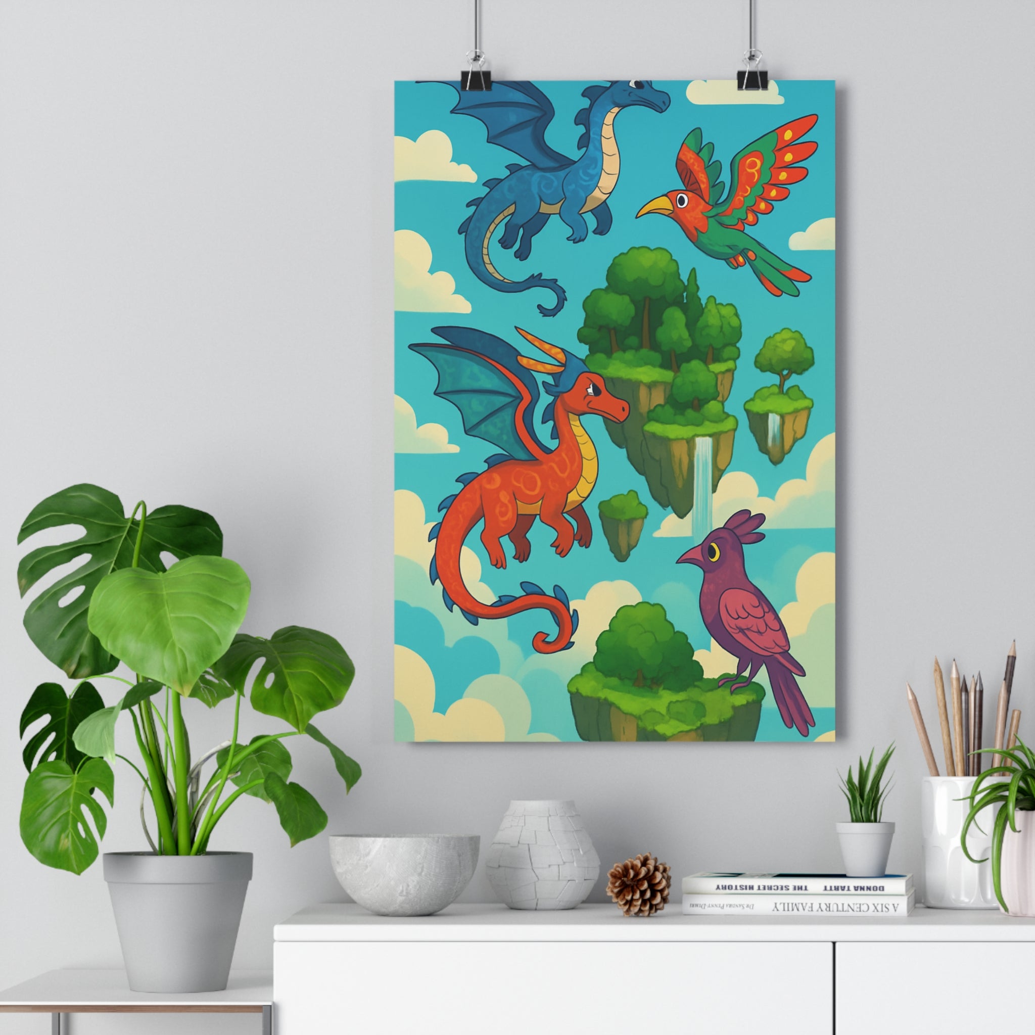 Poster décoratif fantastique dragon bleu orange aérien magique enchanté chambre salon art vibrant qualité