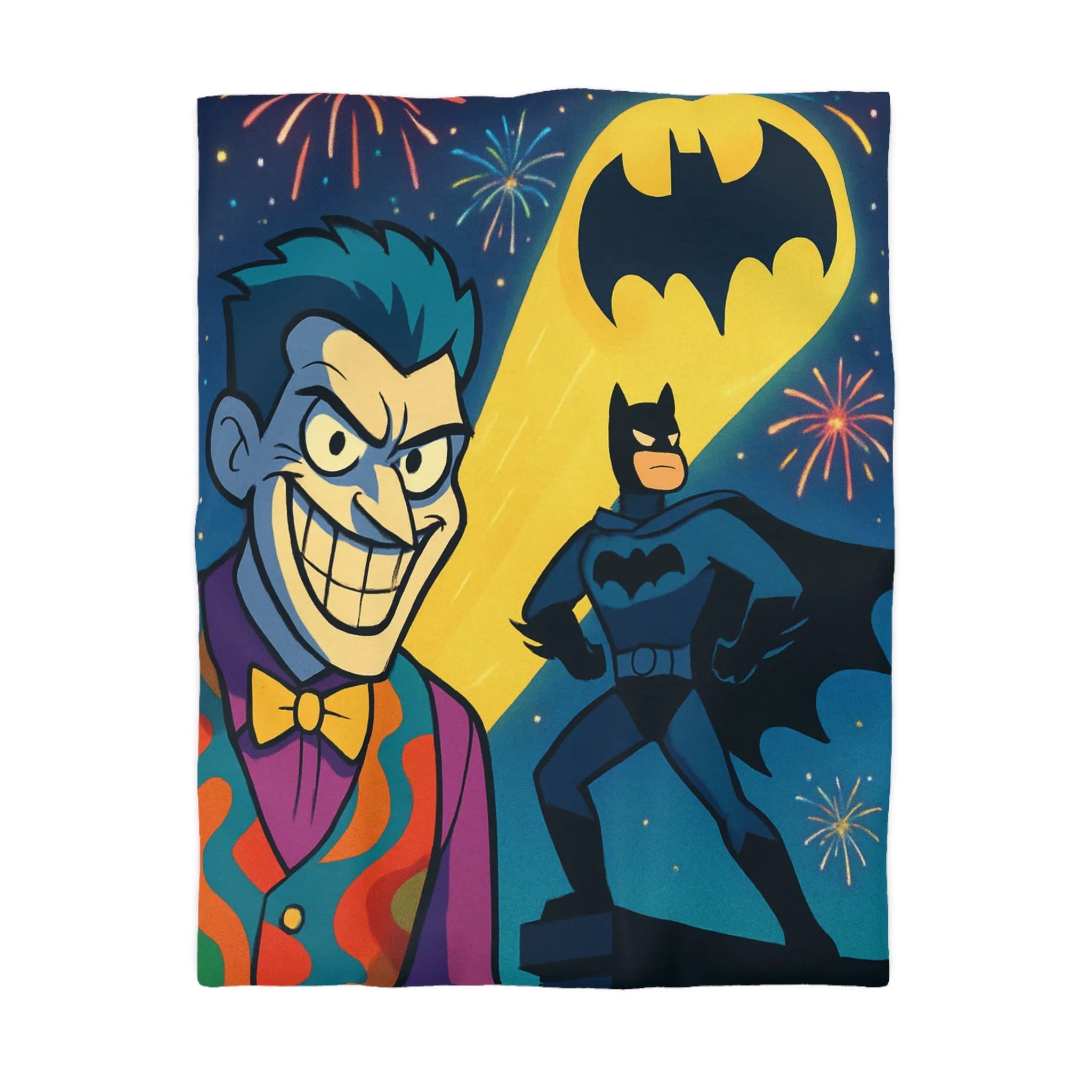 Housse de couette avec justicier nocturne et clown espiègle devant feux d'artifice colorés