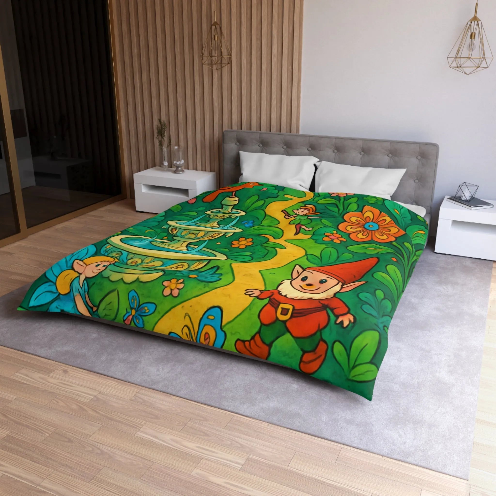 Housse de couette enfant avec lutins, fées, et papillons dans une forêt enchantée