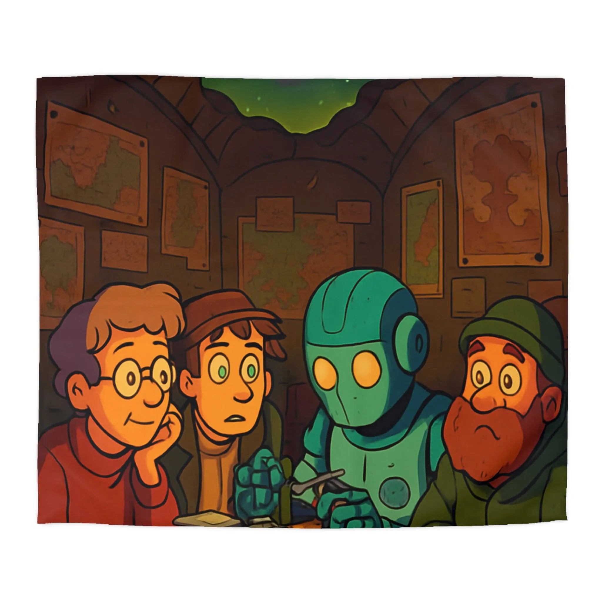 Housse de couette avec scène animée de nuit, stratégie autour de cartes et robot