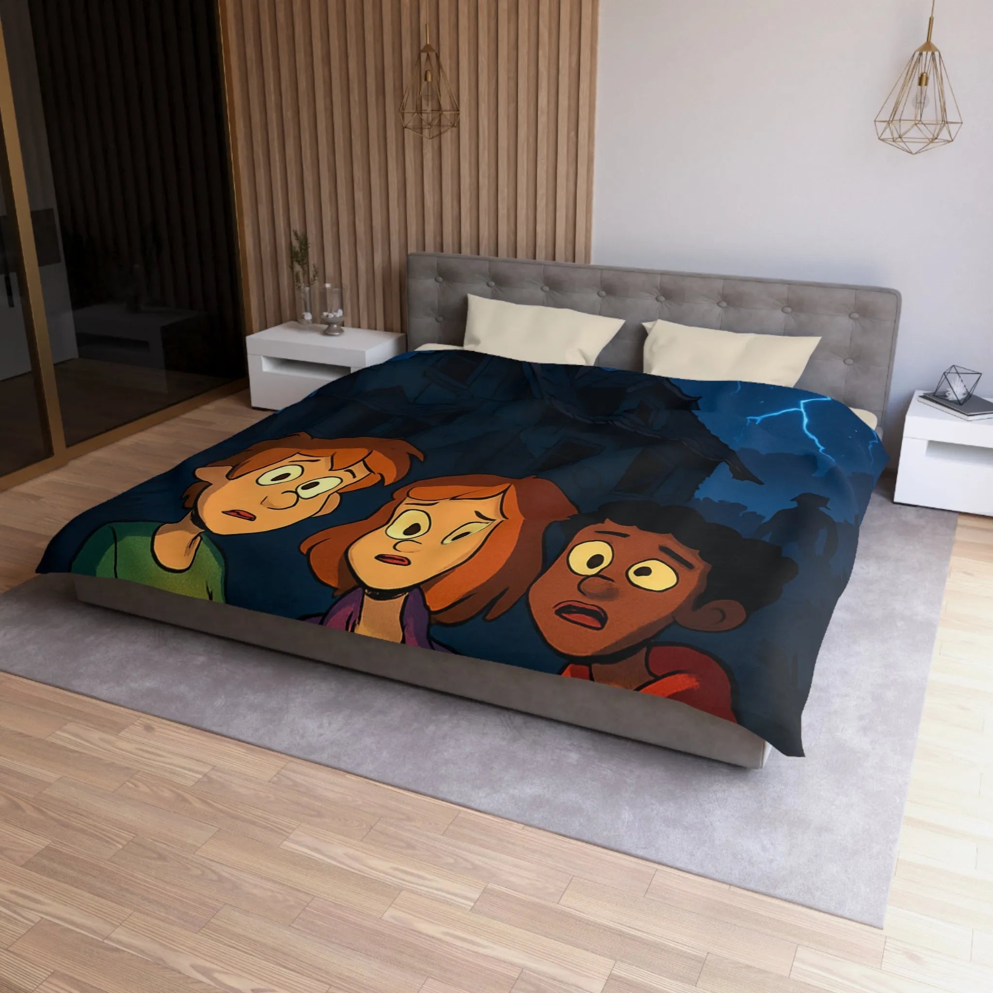 Housse de couette aventure mystérieuse, enfants explorant maison hantée sous lune rouge intrigante