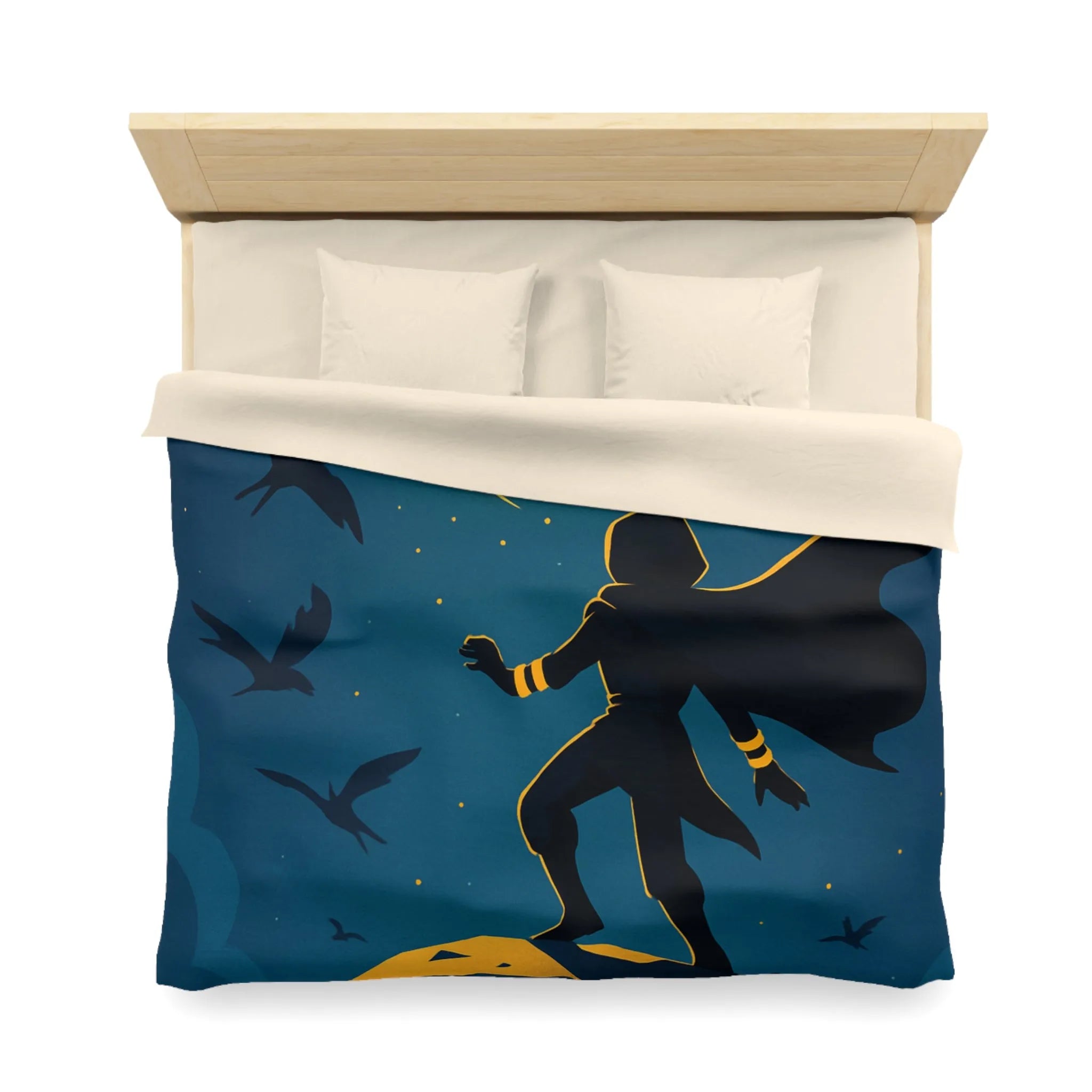 Housse de couette aventure magique, silhouette et spirale dorée dans ciel étoilé