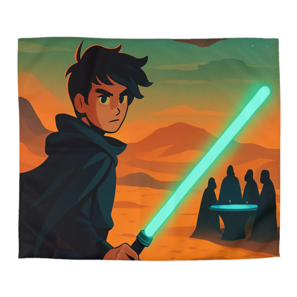 Épique scène de science-fiction avec héros sabre lumineux et vaisseau spatial en arrière-plan