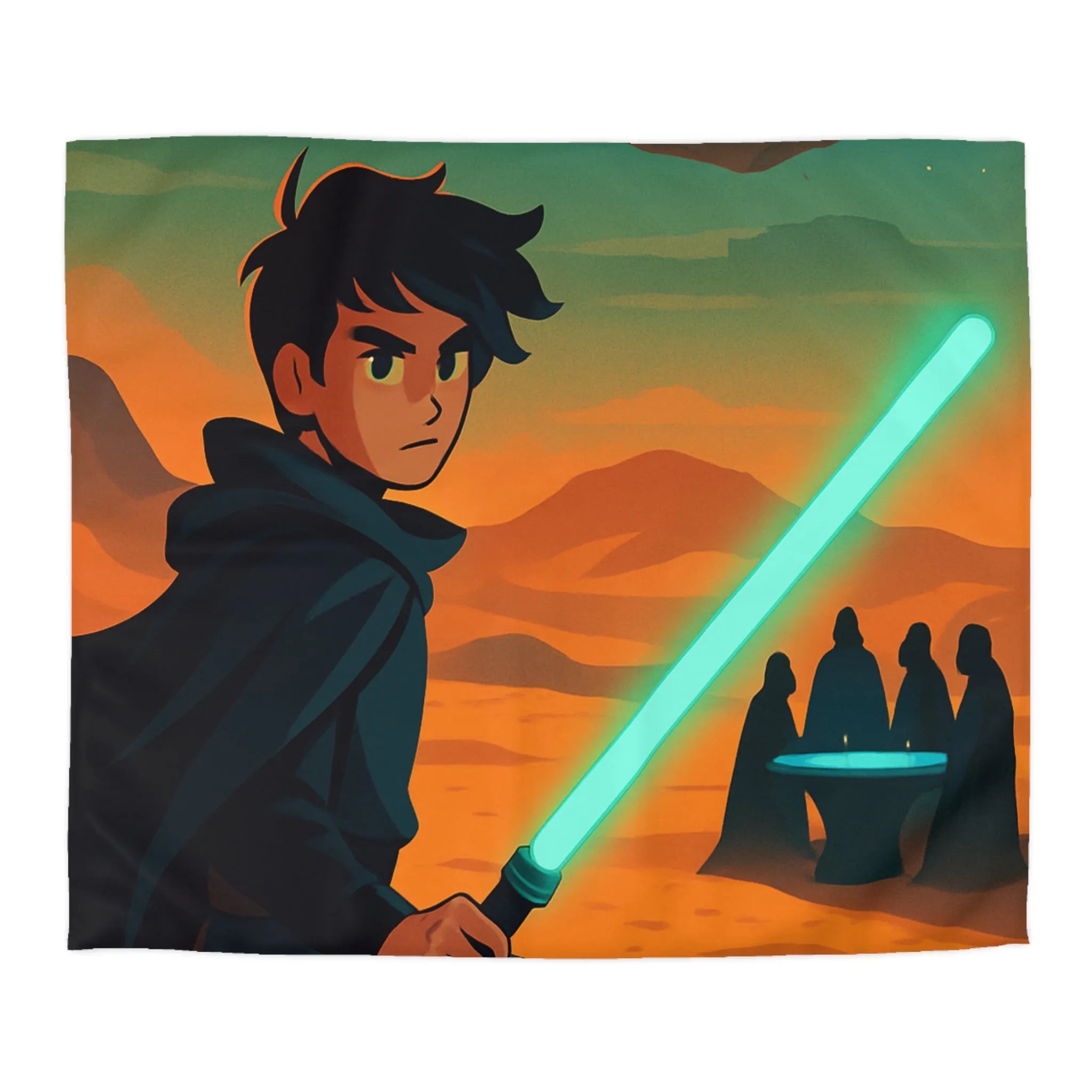 Épique scène de science-fiction avec héros sabre lumineux et vaisseau spatial en arrière-plan