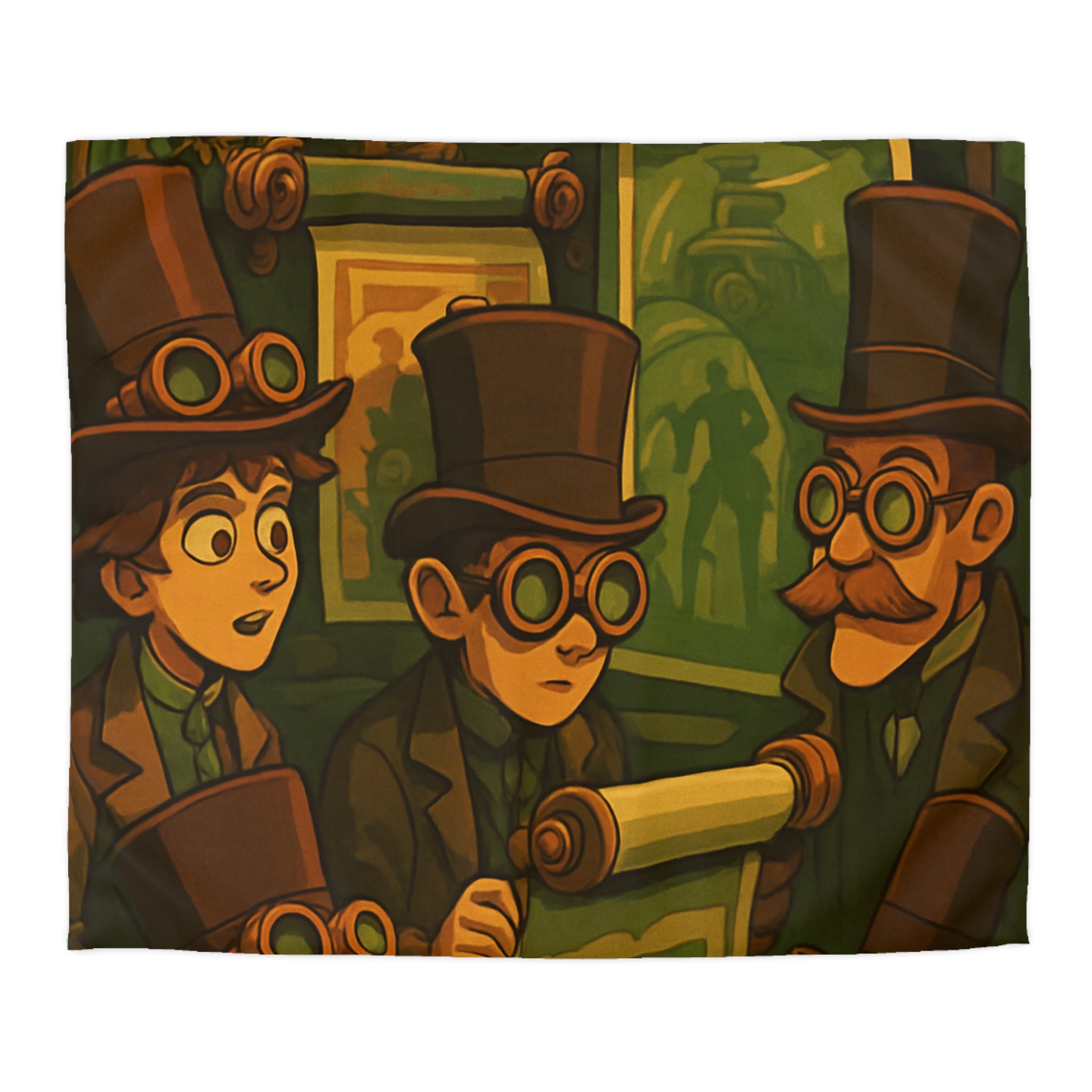 Housse de couette steampunk rétro vintage, illustration de gentlemen en chapeaux et engrenages