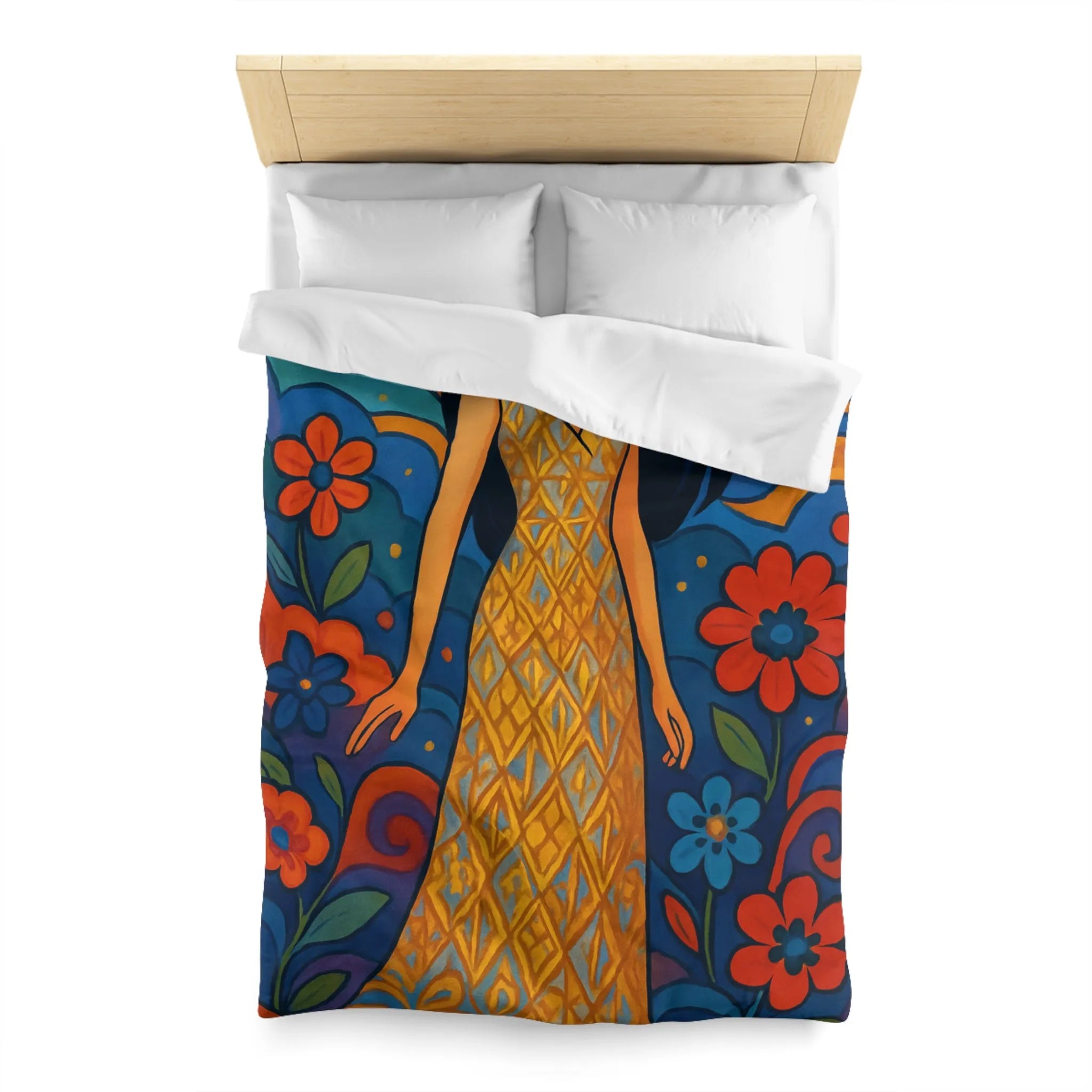 Housse de couette artistique avec motif floral vibrant et silhouette élégante féminine