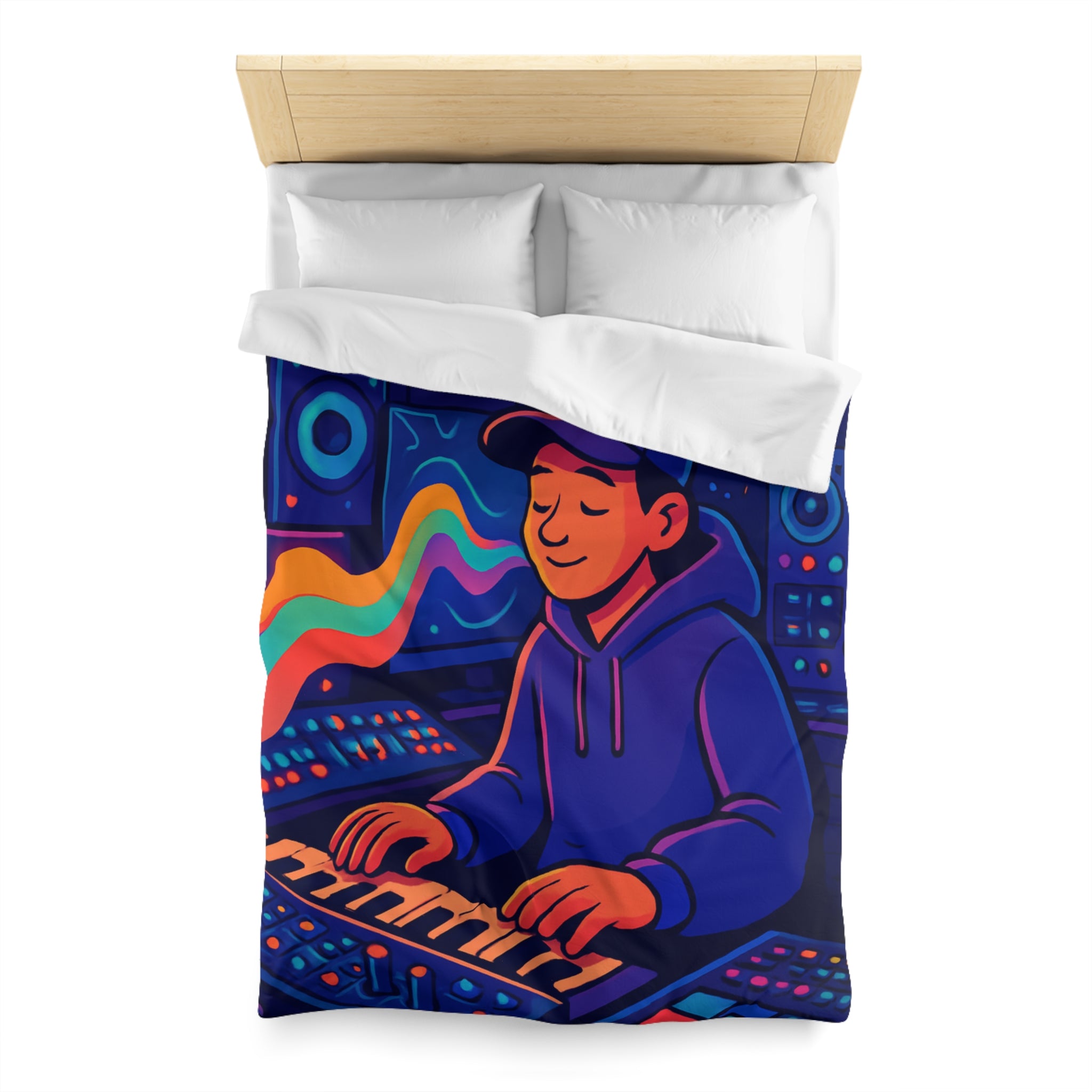 Housse de couette vibrante avec musicien dans un studio coloré et moderne