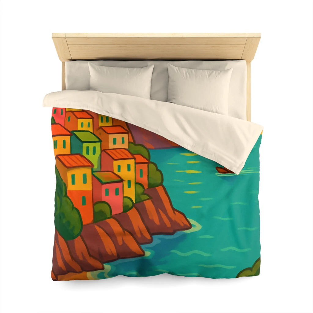 Housse de couette avec paysage côtier éclatant sous coucher de soleil vibrant et artistique