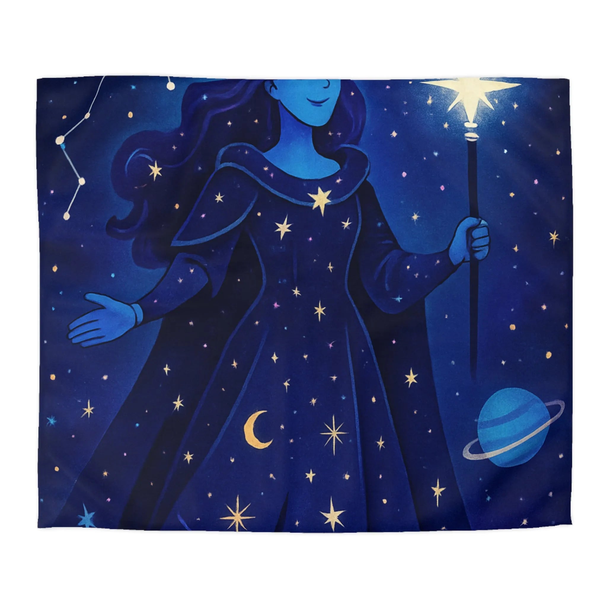 Housse de couette illustration déesse cosmique étoiles lune mystique bleu nuit magique
