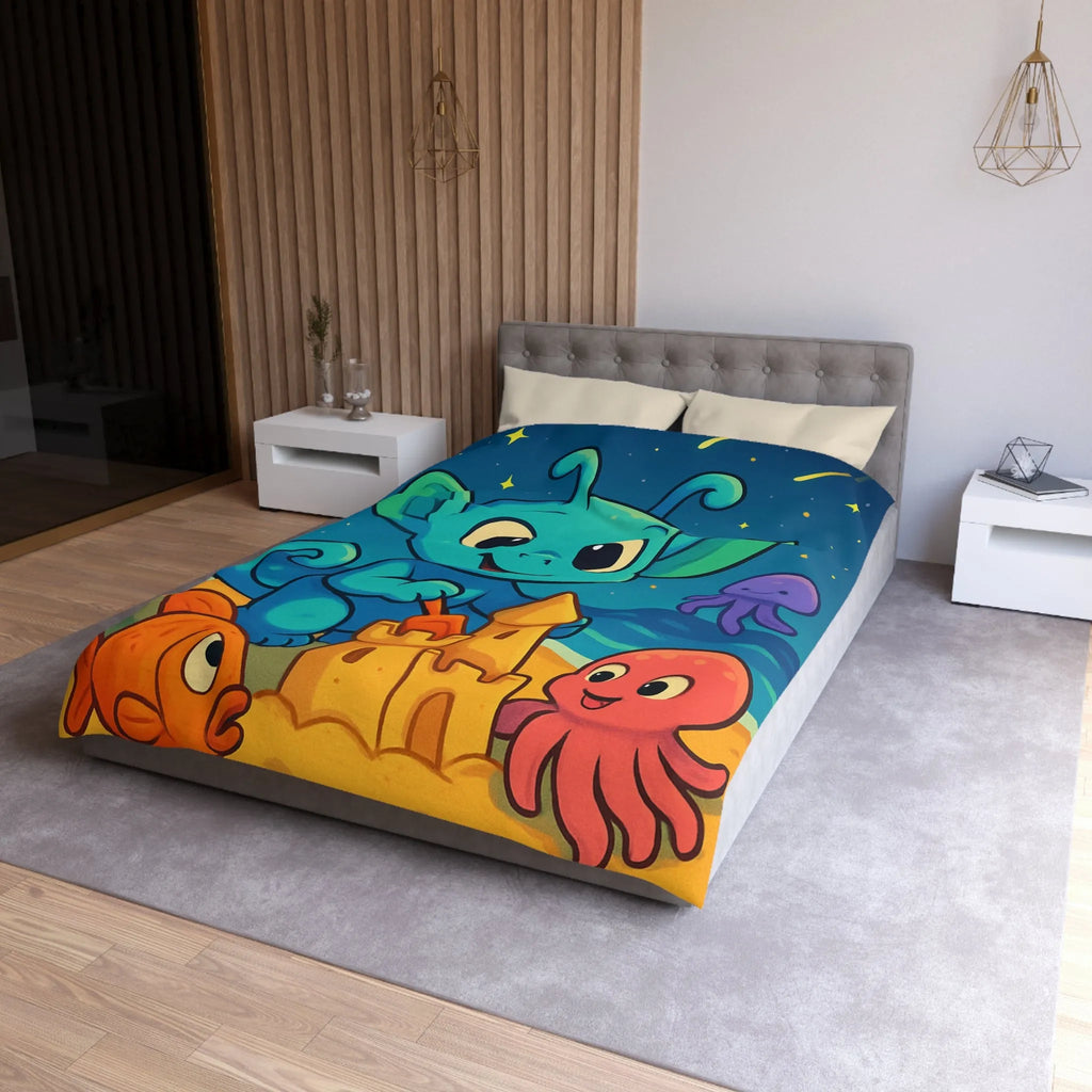 Housse de couette enfant avec créature bleue construisant un château de sable amusant