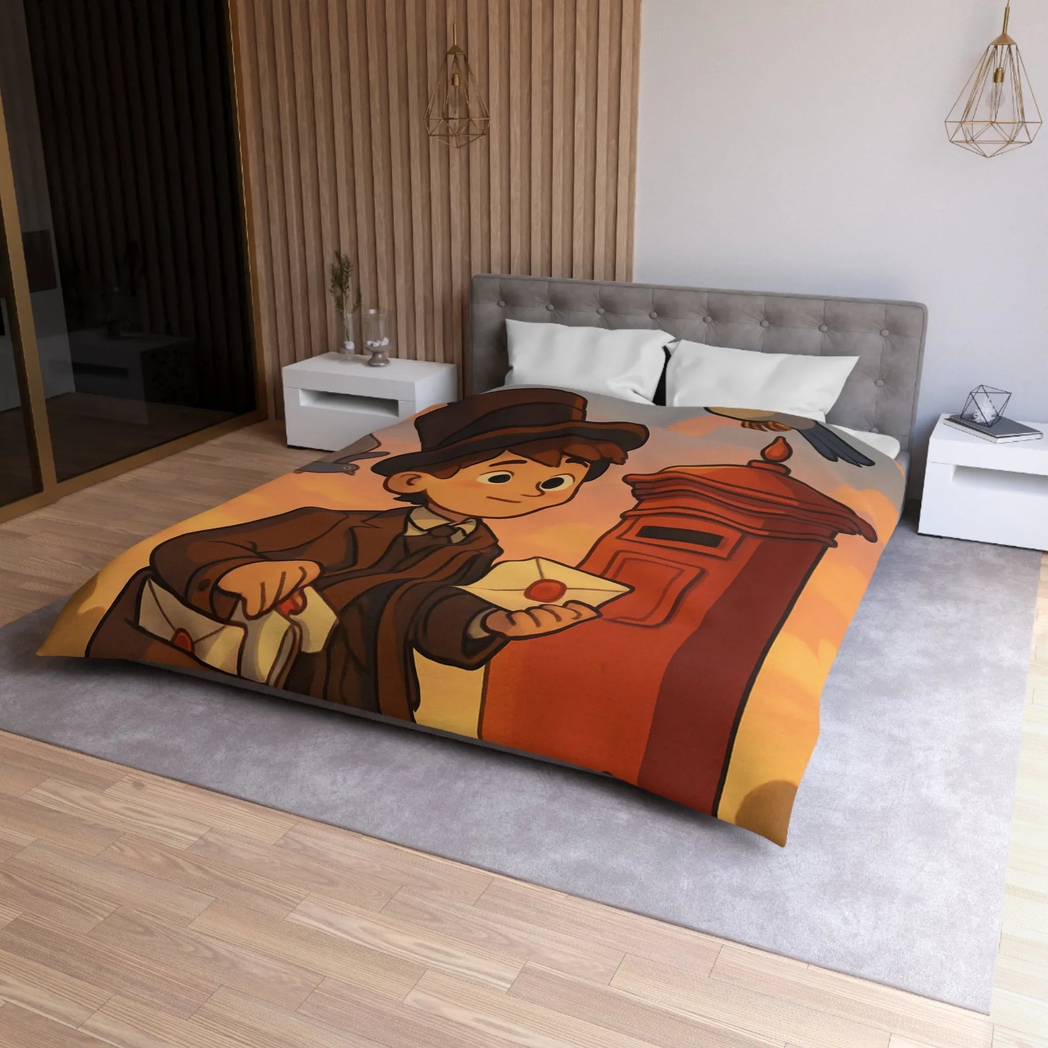 Housse de couette illustrée avec poste vintage et pigeons dans ciel au coucher du soleil