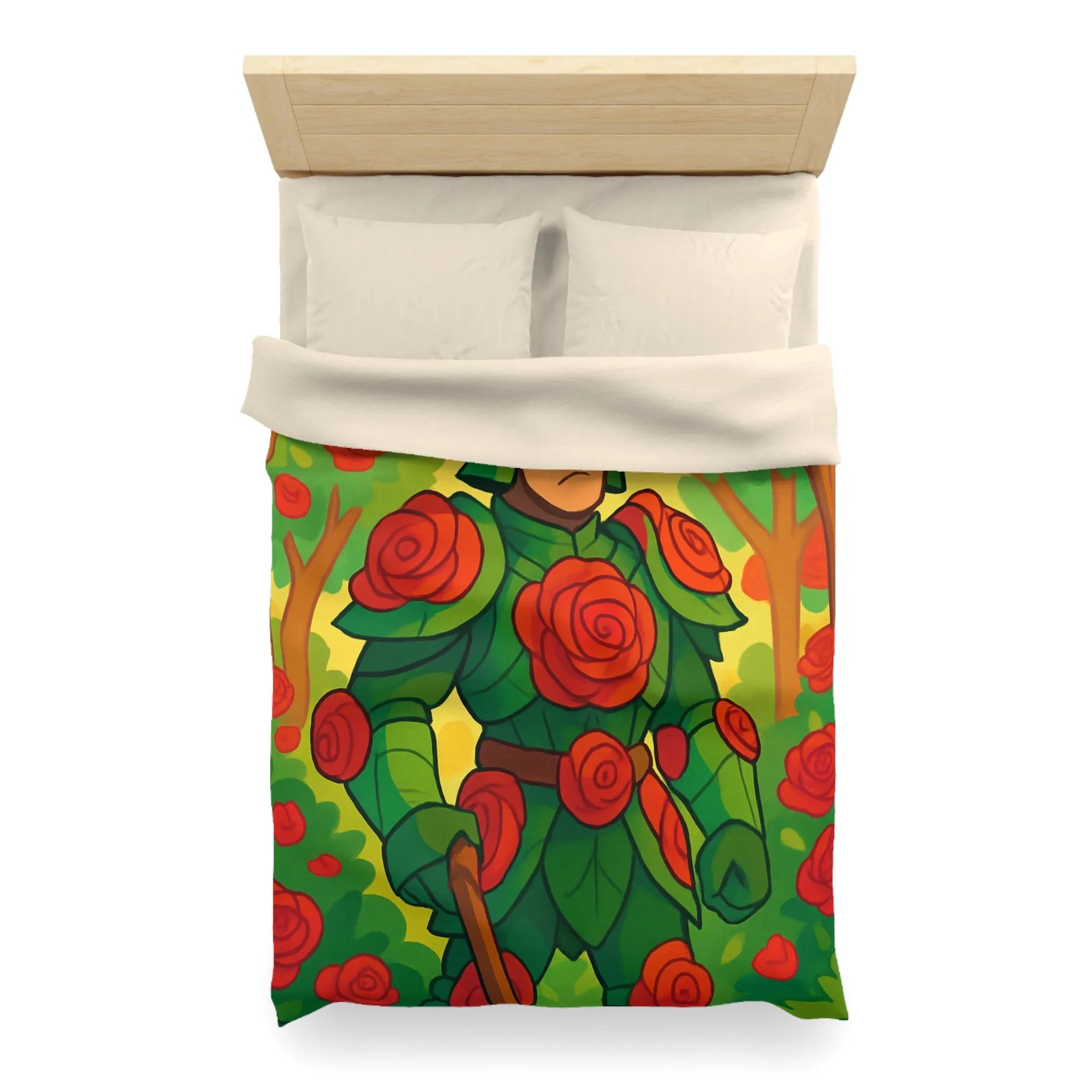Housse de couette au design chevalier floral avec roses rouges et feuillage vert