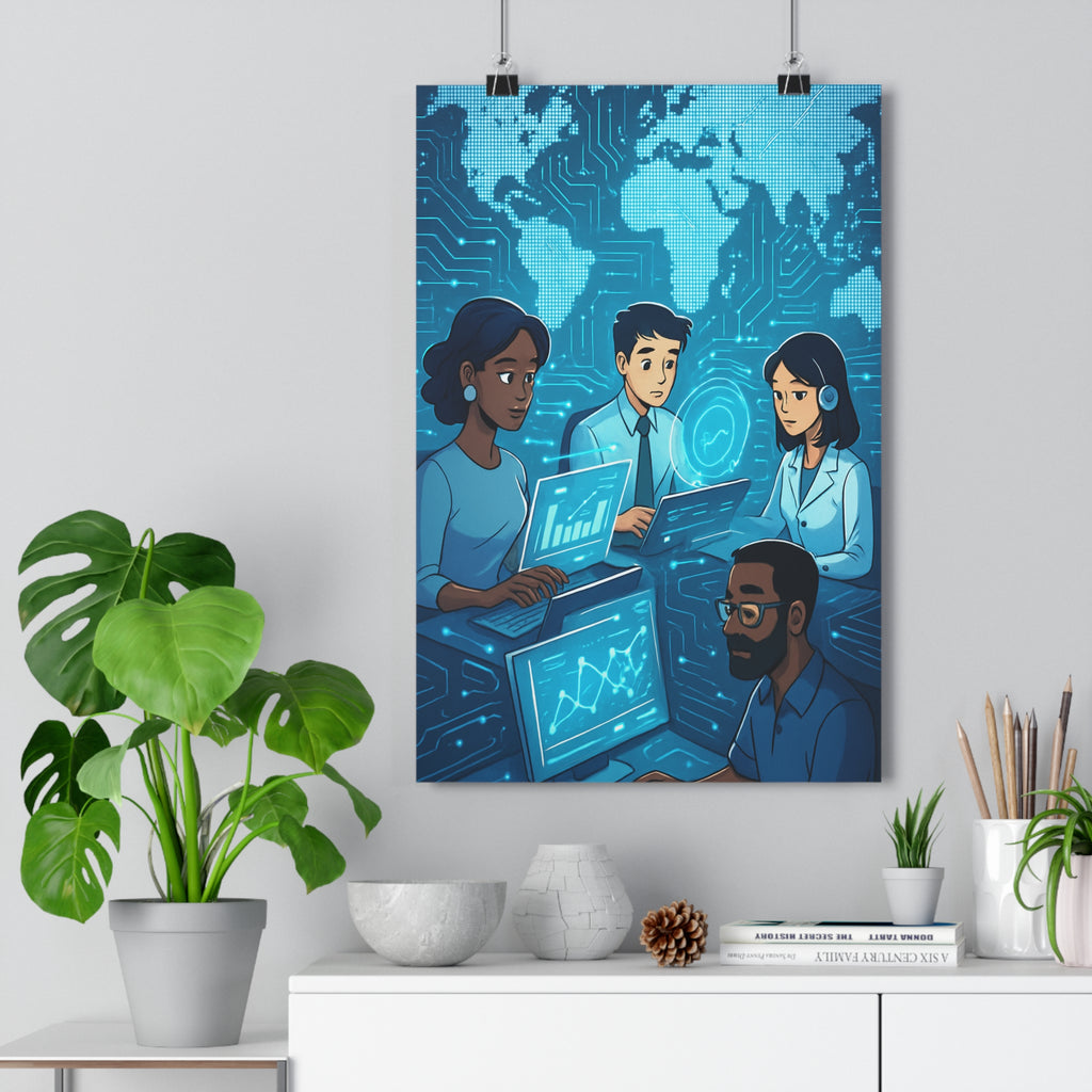 Poster décoratif cartoon technologique bleu futuriste bureau graphique connexion monde personnages innovant unique qualité
