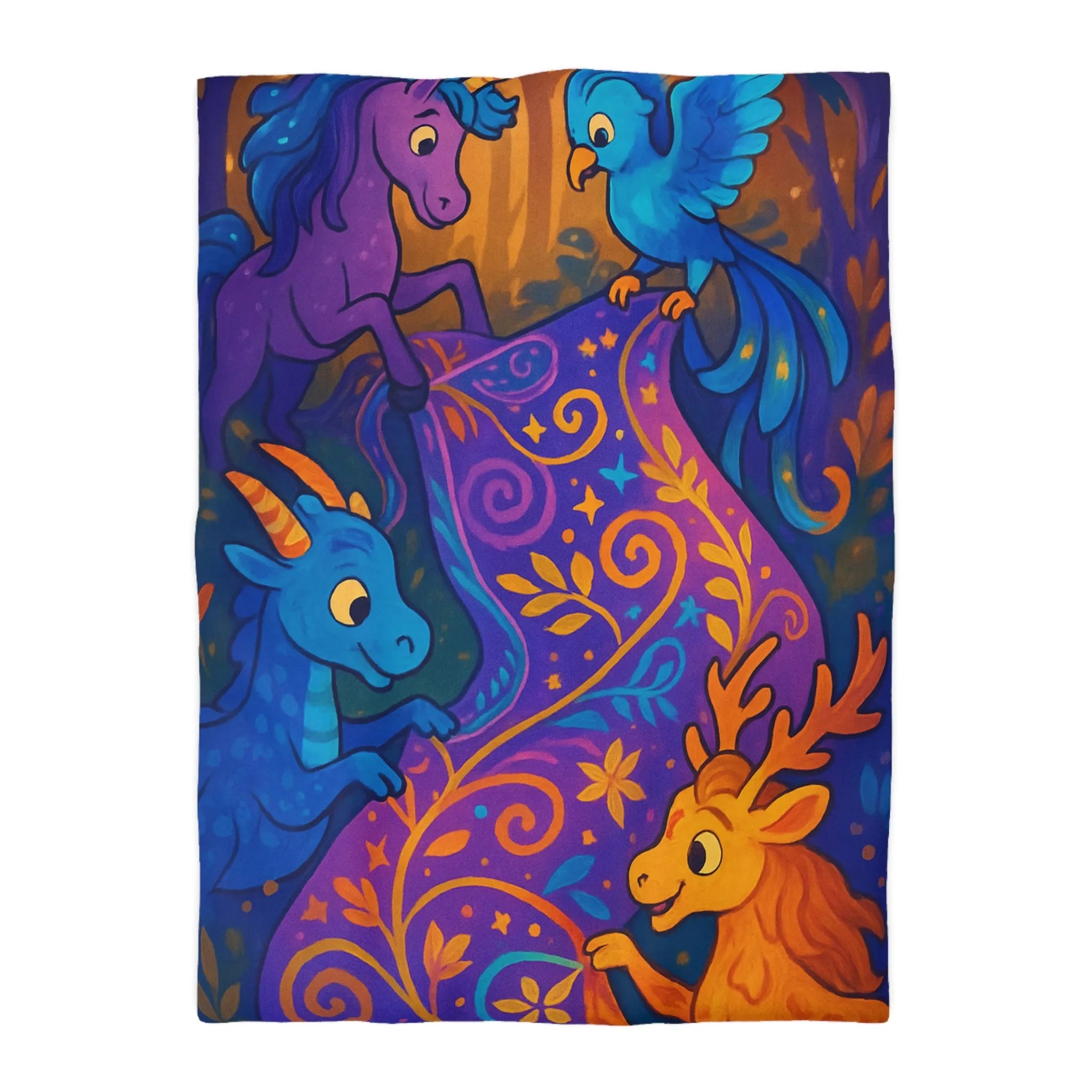 Housse de Couette Féérique Avec Créatures Magiques Colorées et Motif Floral Envoûtant