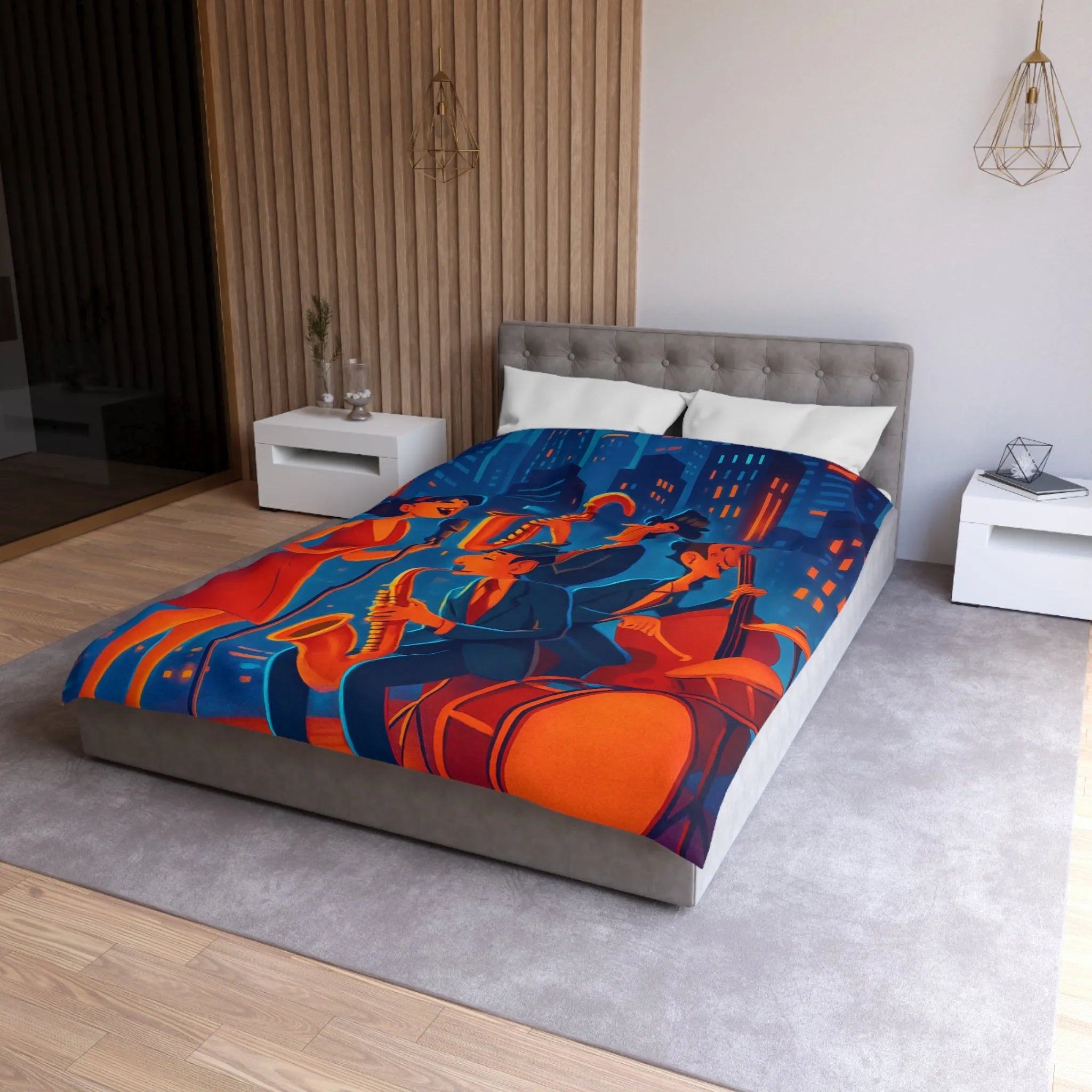 Housse de couette jazz rétro avec chanteuse et musiciens devant gratte-ciels éclairés