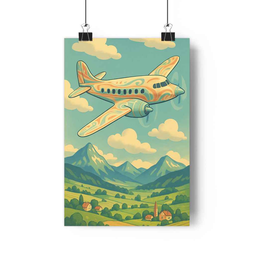 Poster décoratif rétro avion cartoon pastel bleu orange vert chambre bureau nostalgique enfant élégant