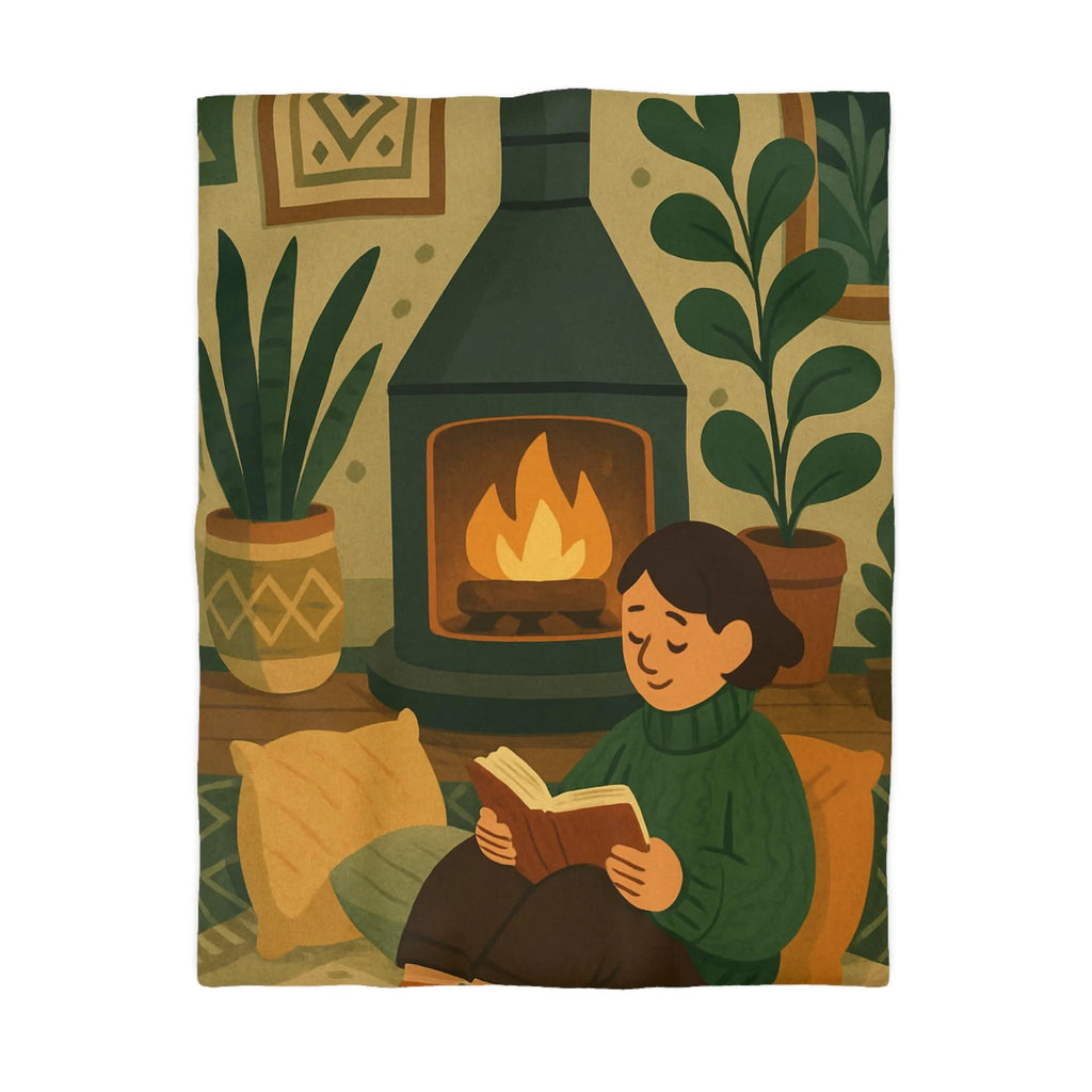 Housse de couette cosy avec cheminée et ambiance hygge, style scandinave relaxant