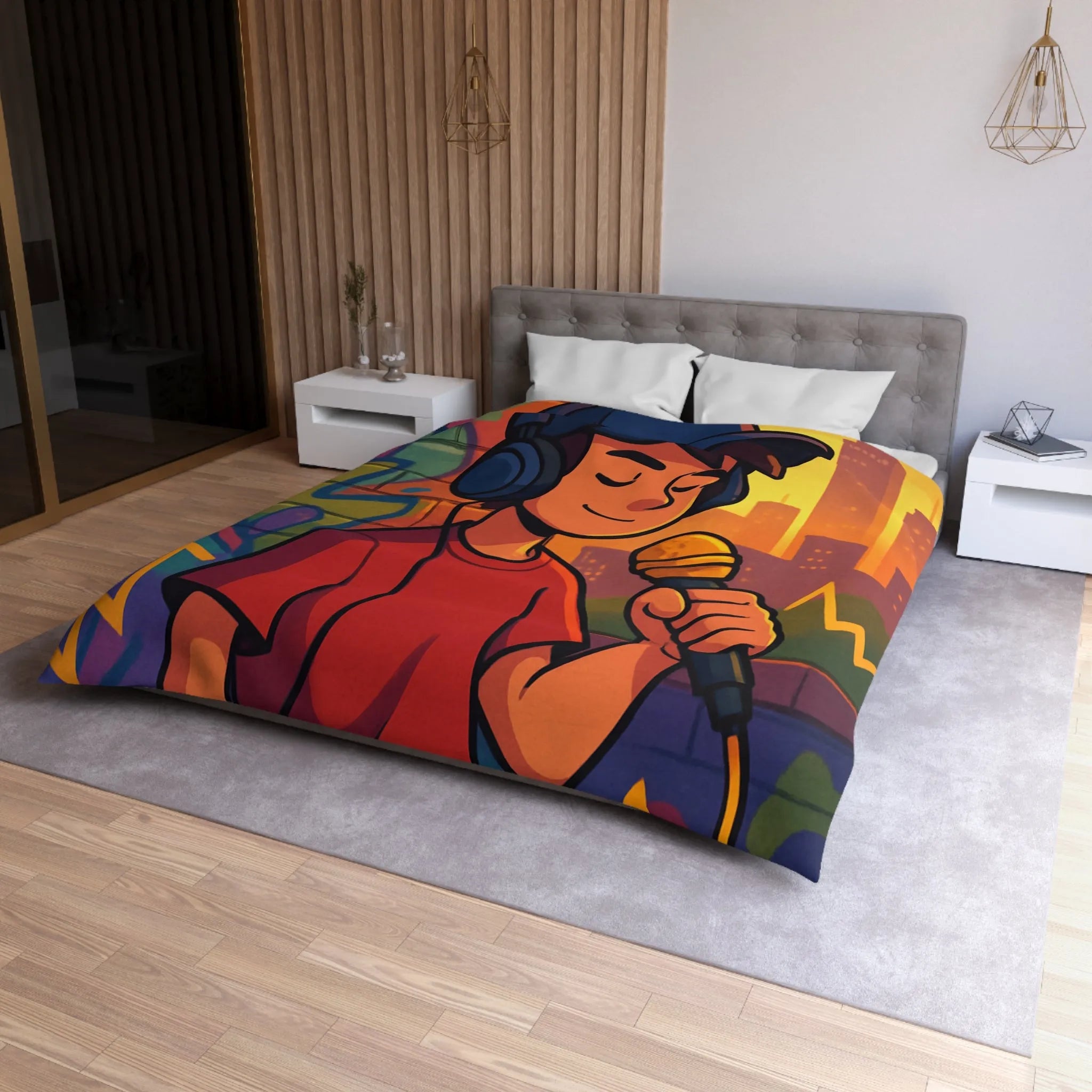 Housse de couette graphique urbaine avec chanteur et microphone sur fond coloré