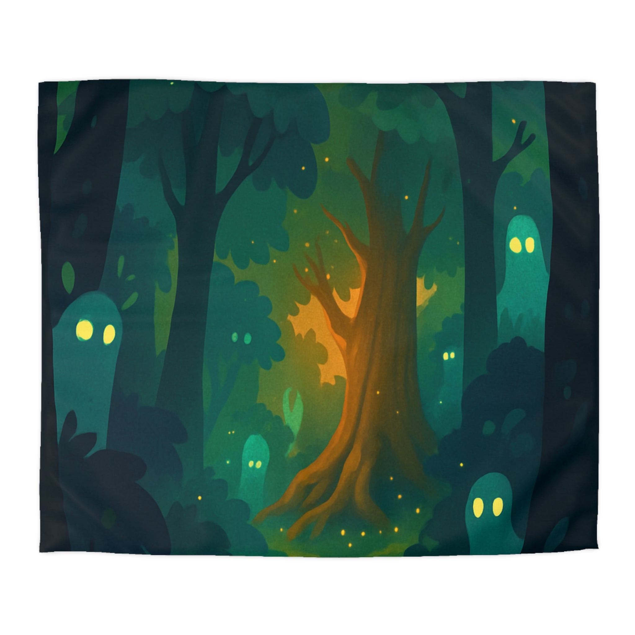 Housse de couette mystérieuse forêt enchantée avec esprits lumineux et sentier sinueux