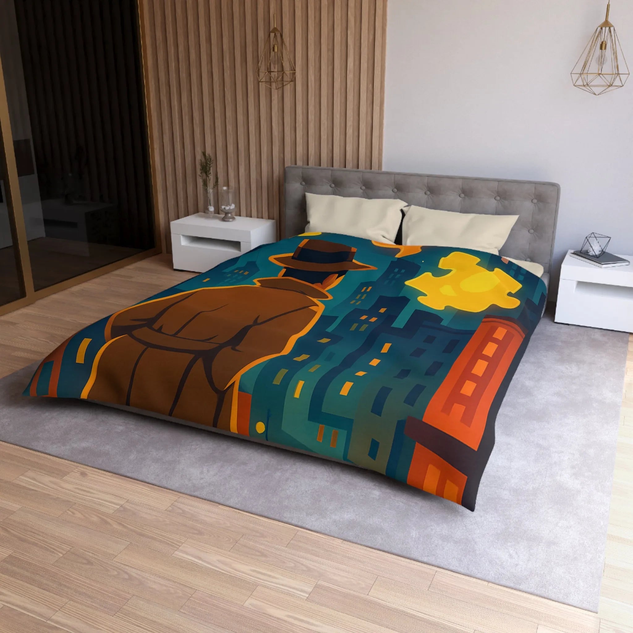Enquête urbaine rétro avec puzzle lumineux sur housse de couette style détective nocturne