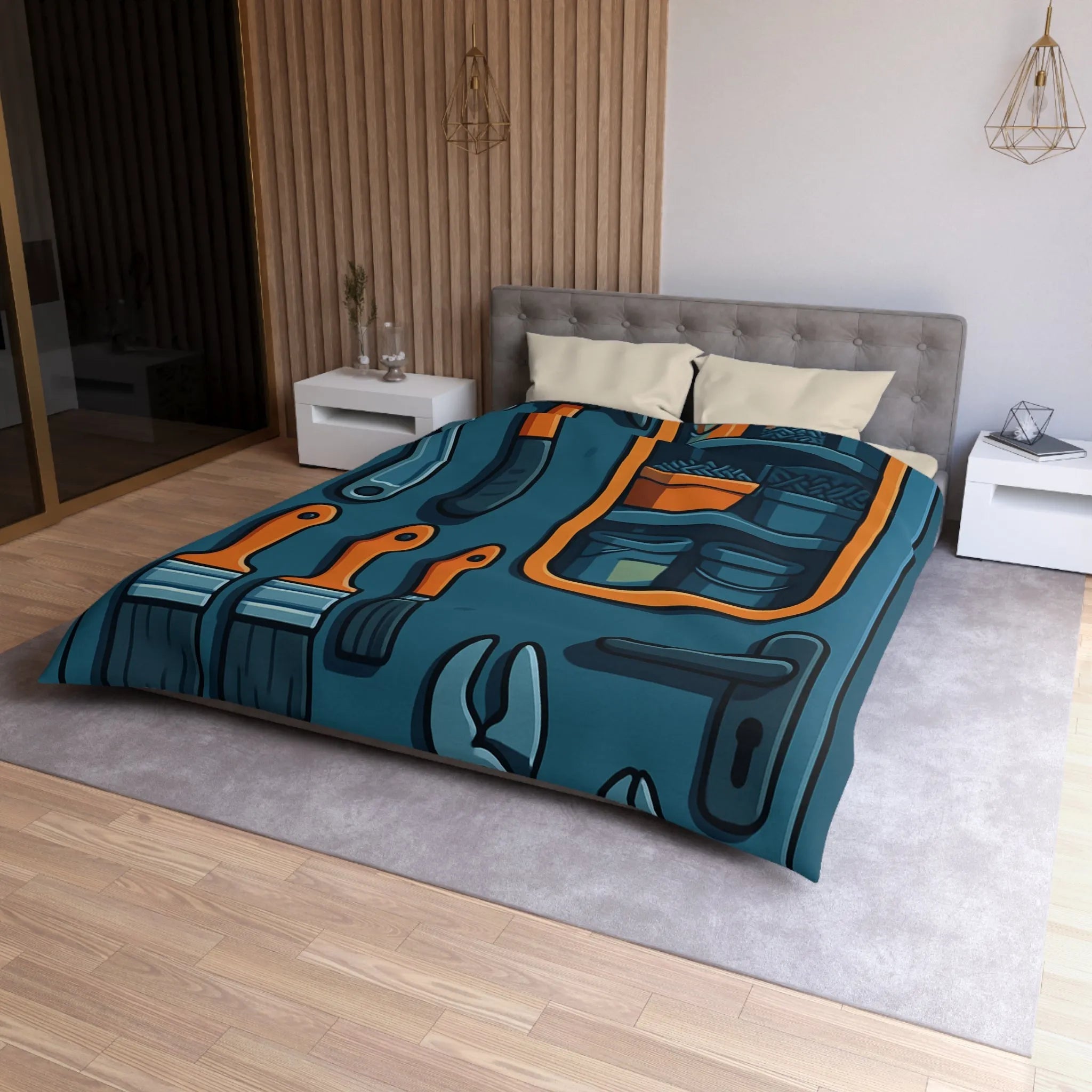 Housse de couette bleue avec outils et étagères pour atelier créatif moderne