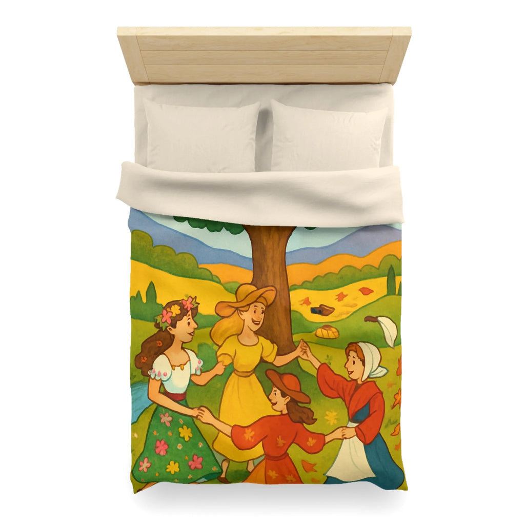 Housse de couette champêtre aux motifs de danseuses rondes et paysage bucolique coloré