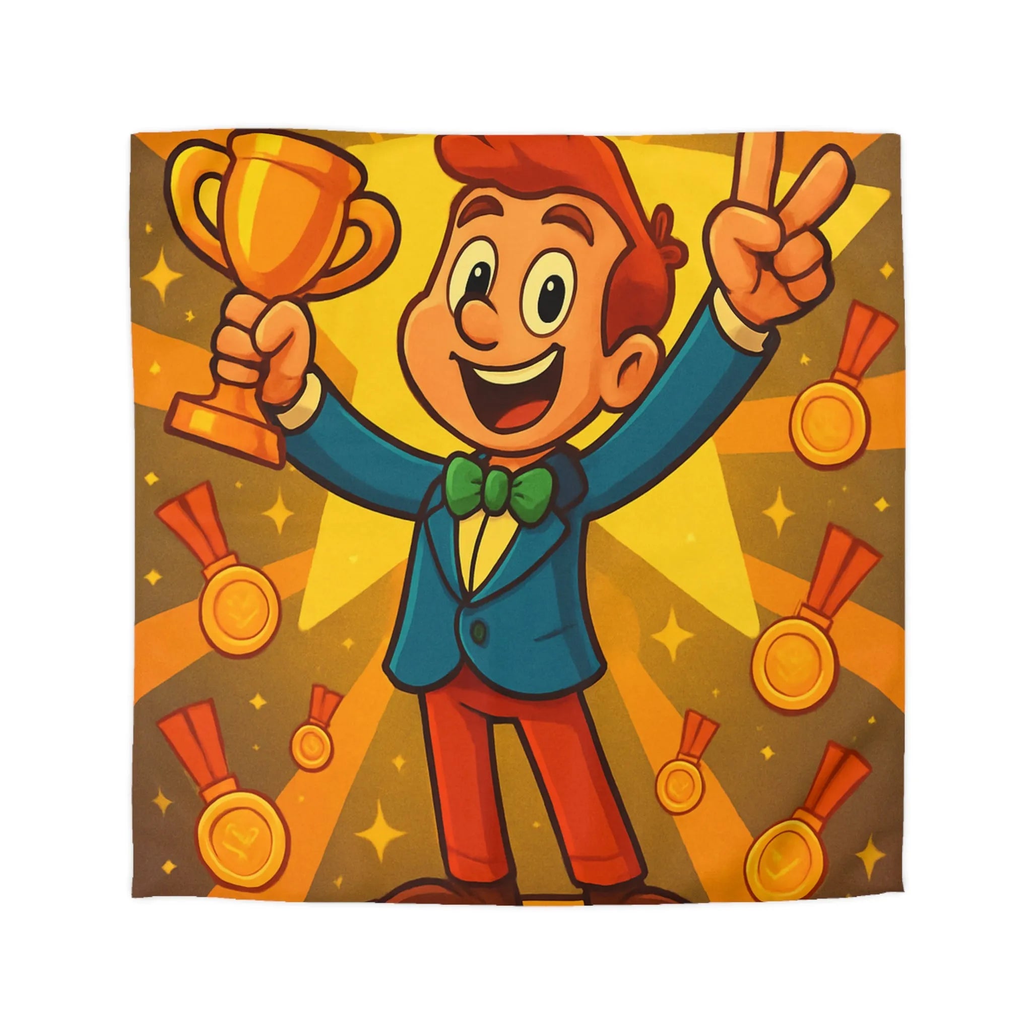 Housse de Couette Enfant avec Illustration Jeune Champion Débordant de Joie et Médailles