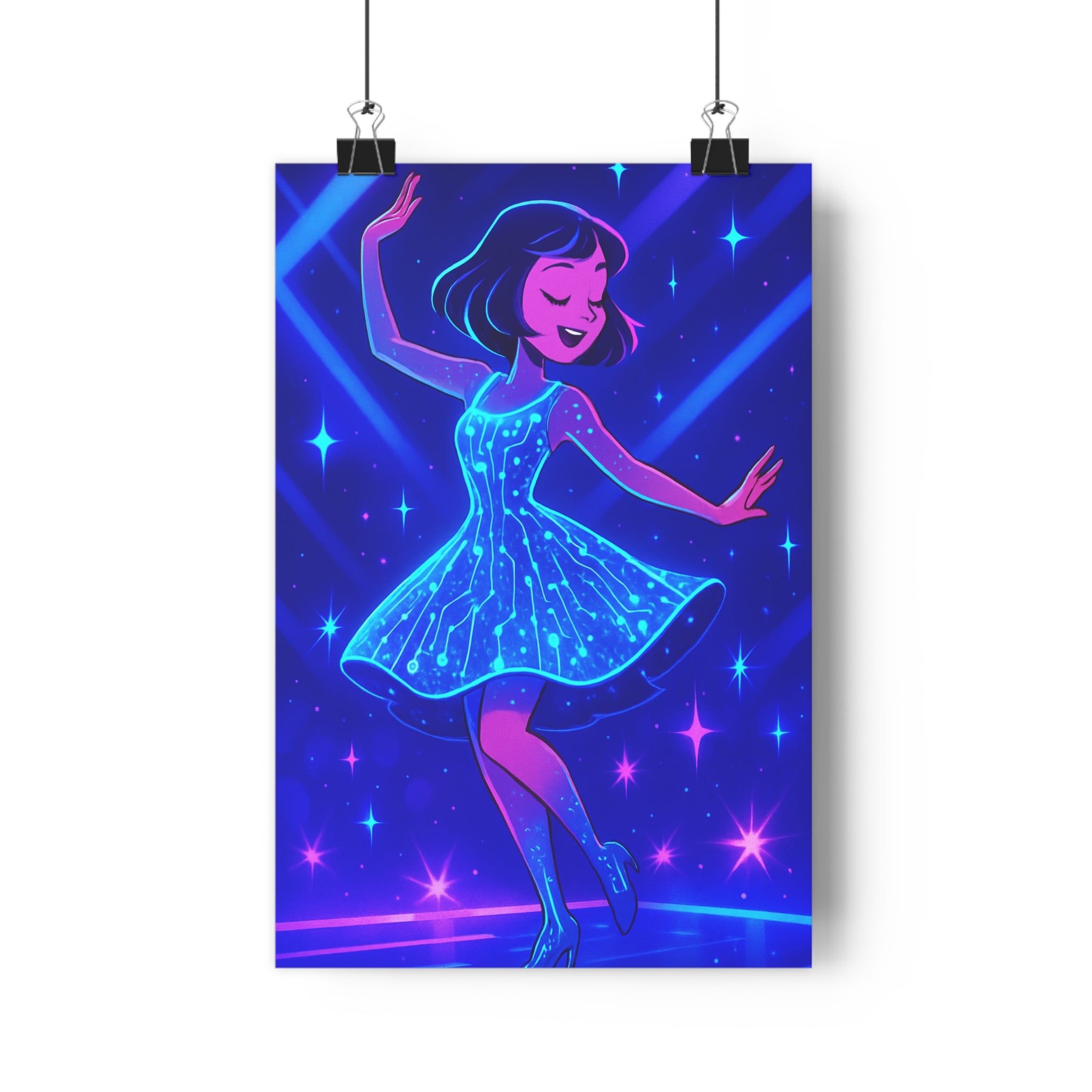 Poster décoratif danseuse électrique bleu violet cyberpunk moderne salon chambre ambiance lumineuse futuriste 30x46