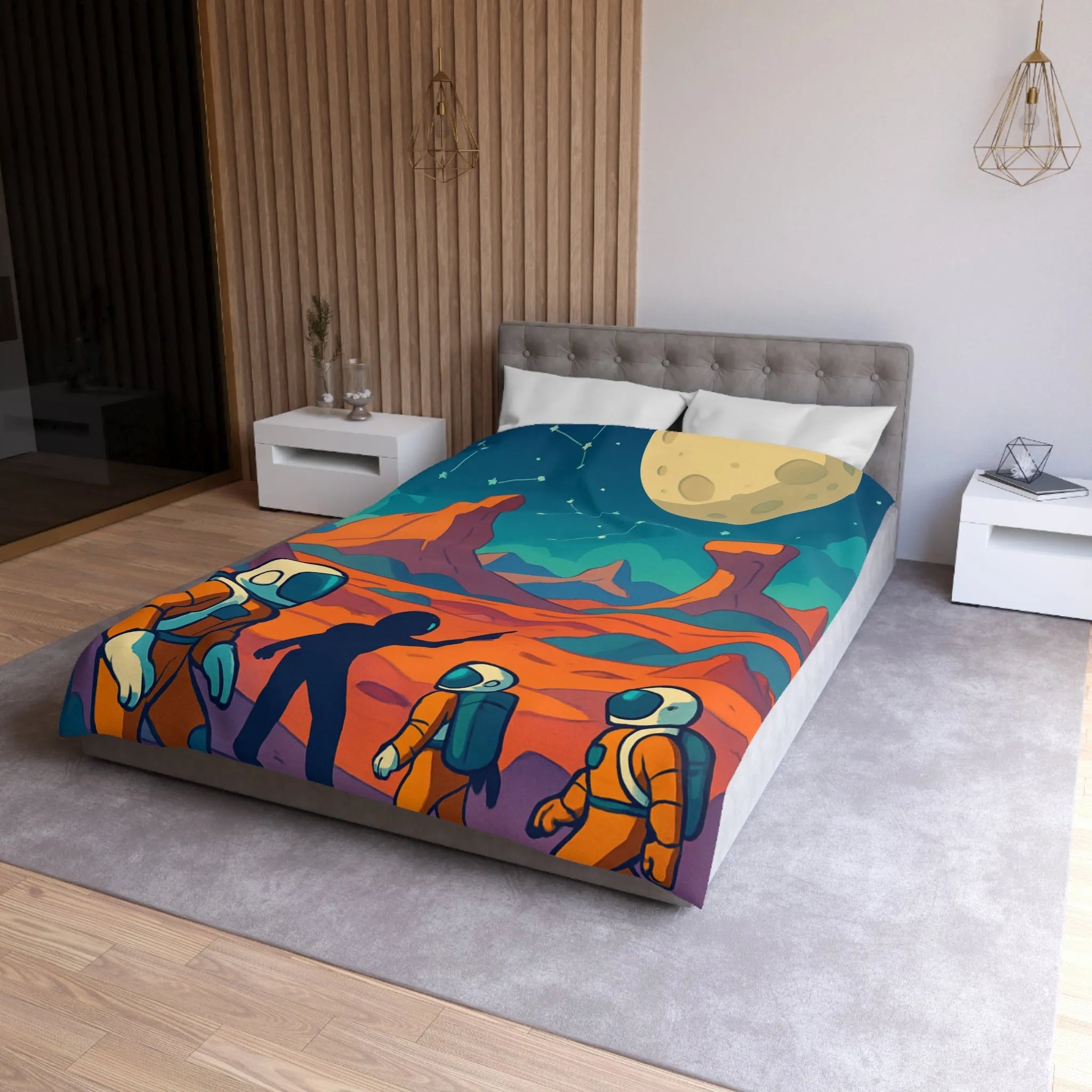 Exploration spatiale colorée : Astronautes sous la lune et constellations étoilées