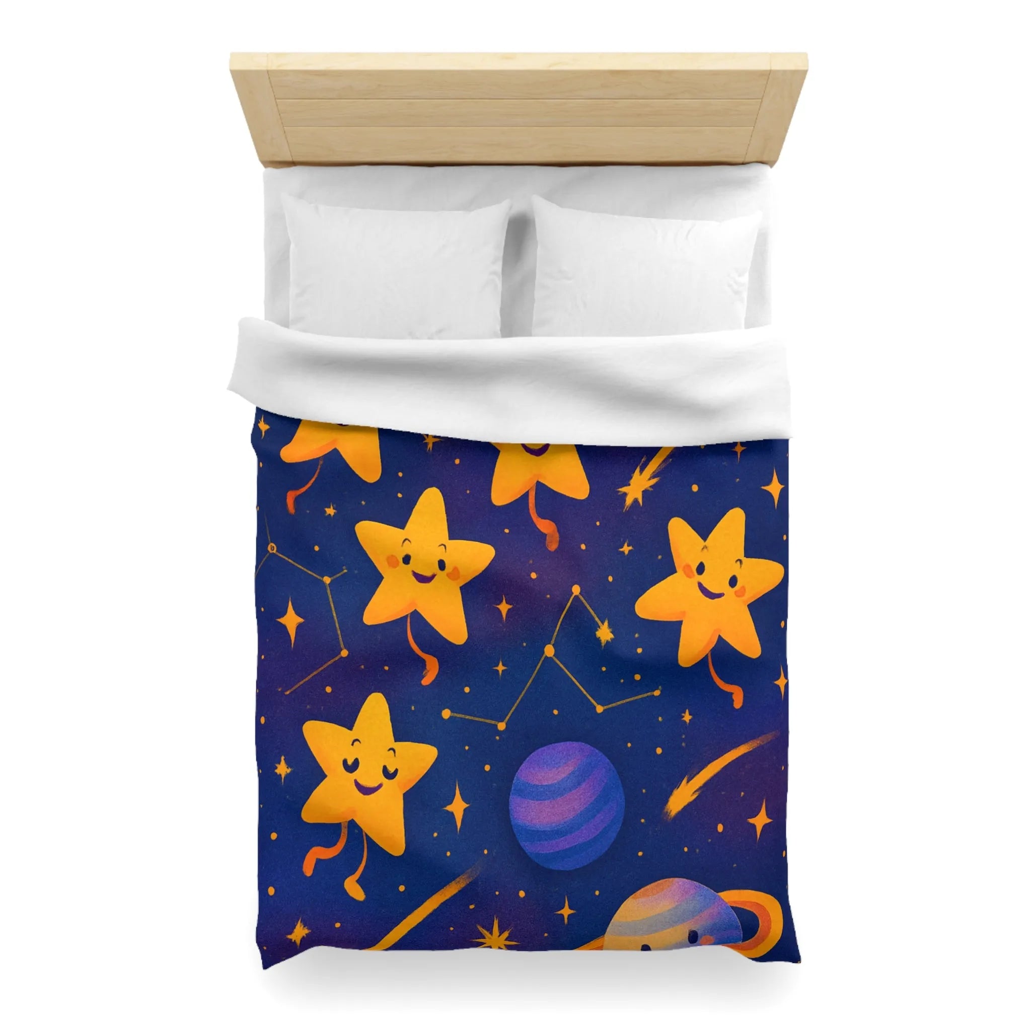 Housse de couette avec étoiles souriantes et planètes cartoon pour chambre d'enfant