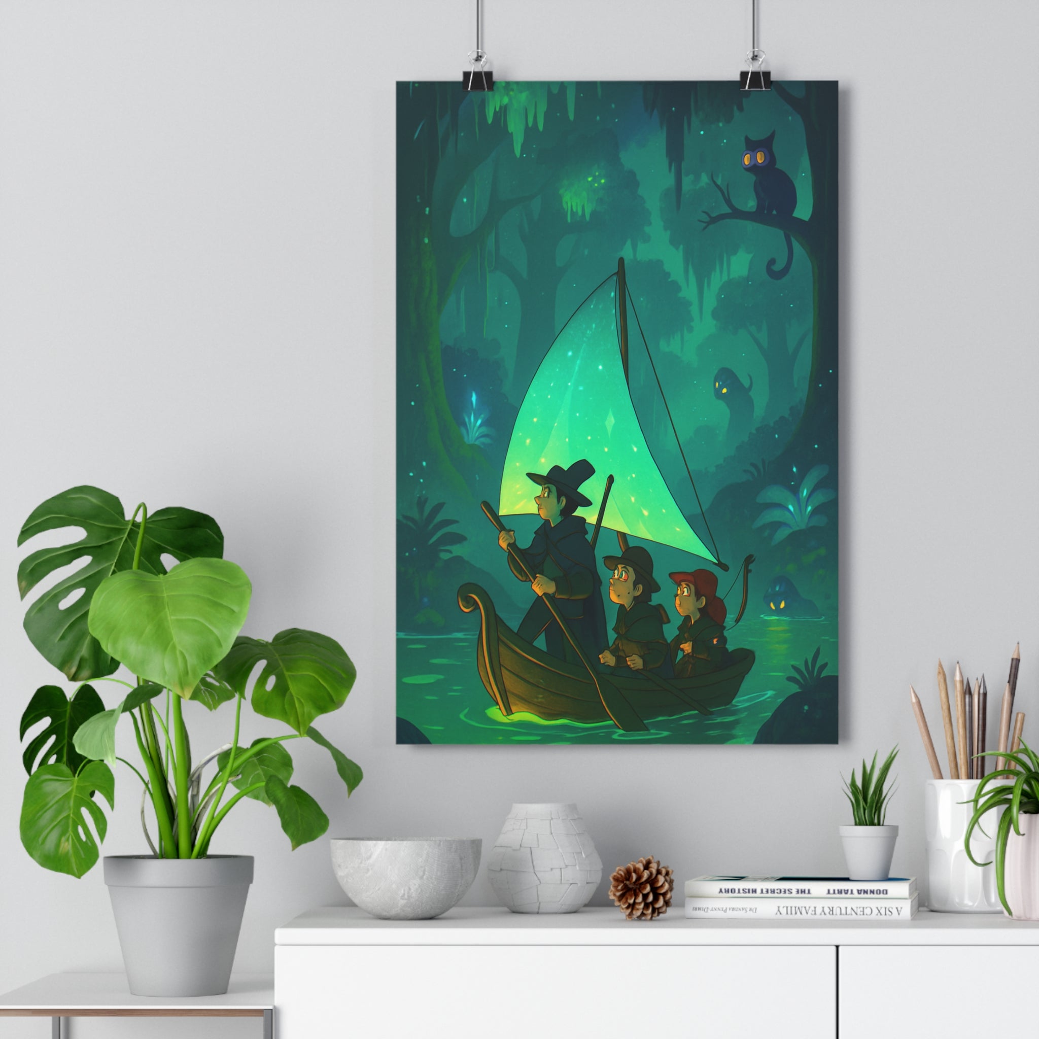 Poster décoratif aventure forêt mystérieuse vert bleu féerique rêveur chambre salon tendance élégance qualité