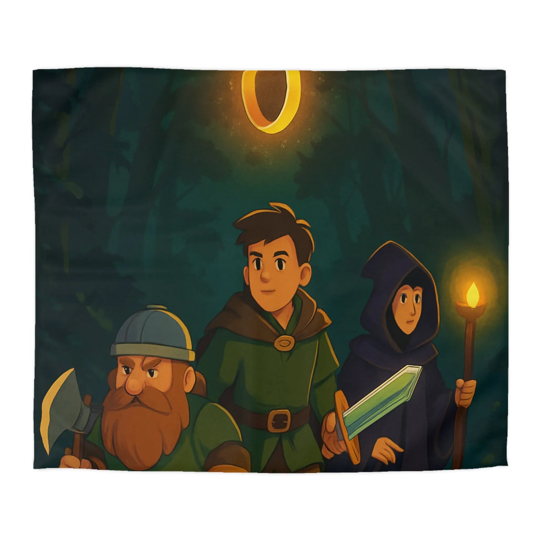 Housse de couette aventure épique forêt pour enfants avec personnages et anneau magique