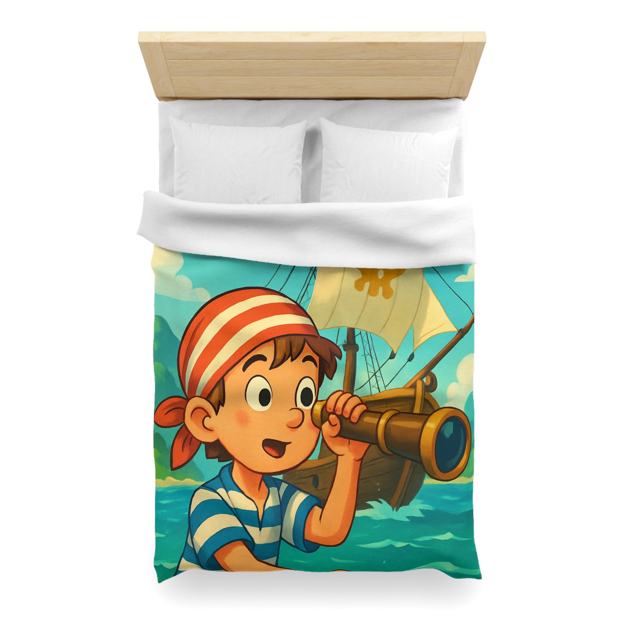 Housse de Couette Pirate Enfantine avec Bateau et Jumelles pour Chambre Aventure