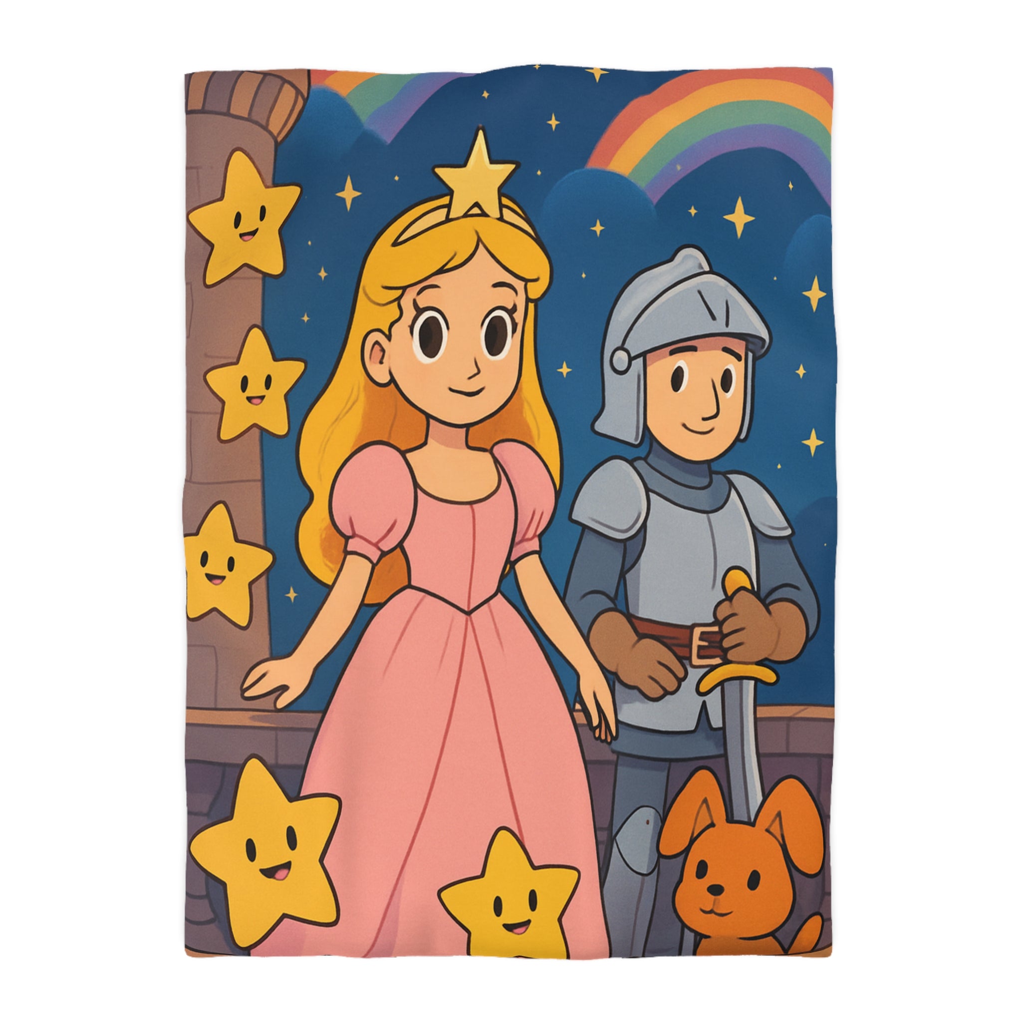 Housse de couette princesse et chevalier avec étoiles et arc-en-ciel magique