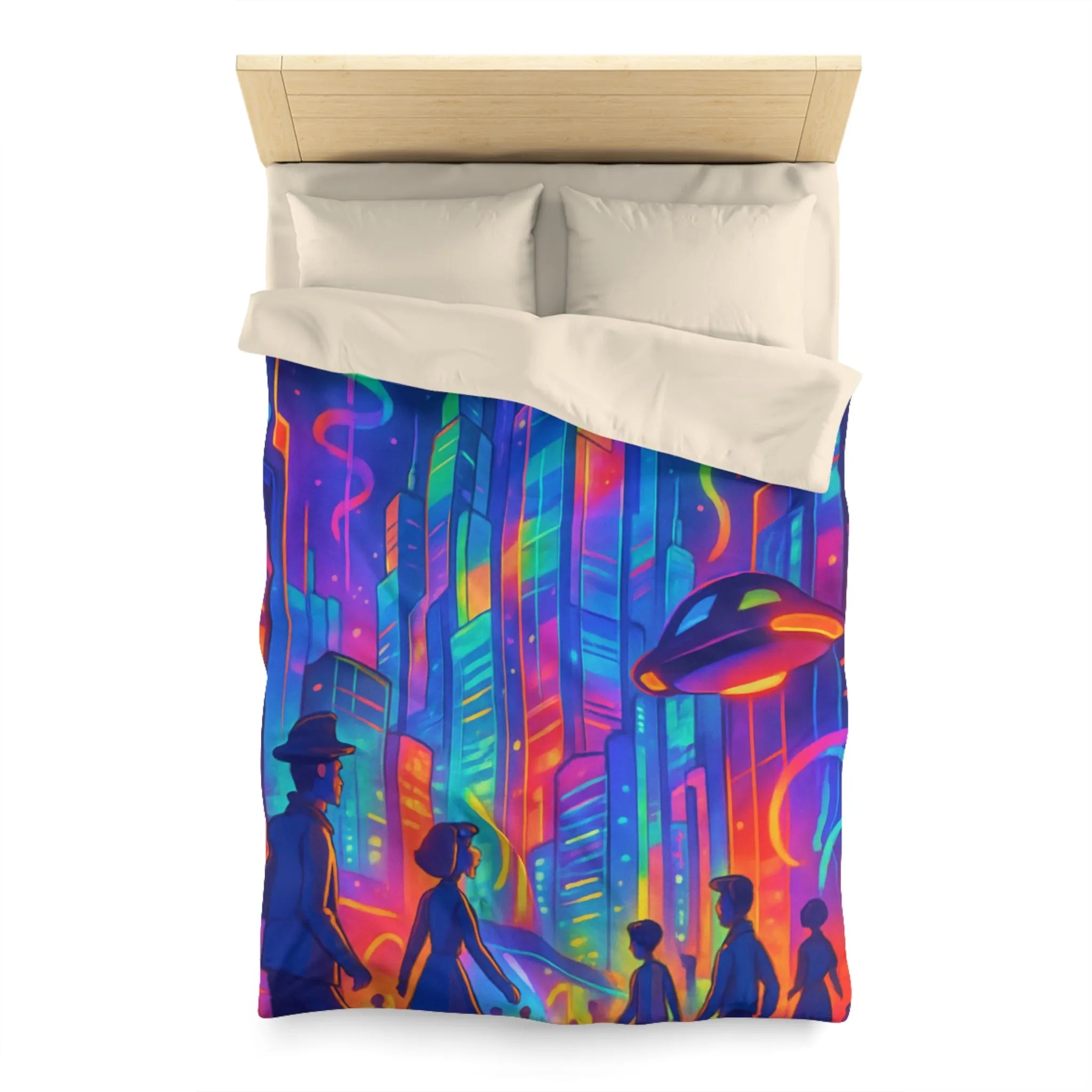 Housse de Couette Colorée Scène Urbaine Futuriste avec Illusions d'Optique Dynamiques et Vives