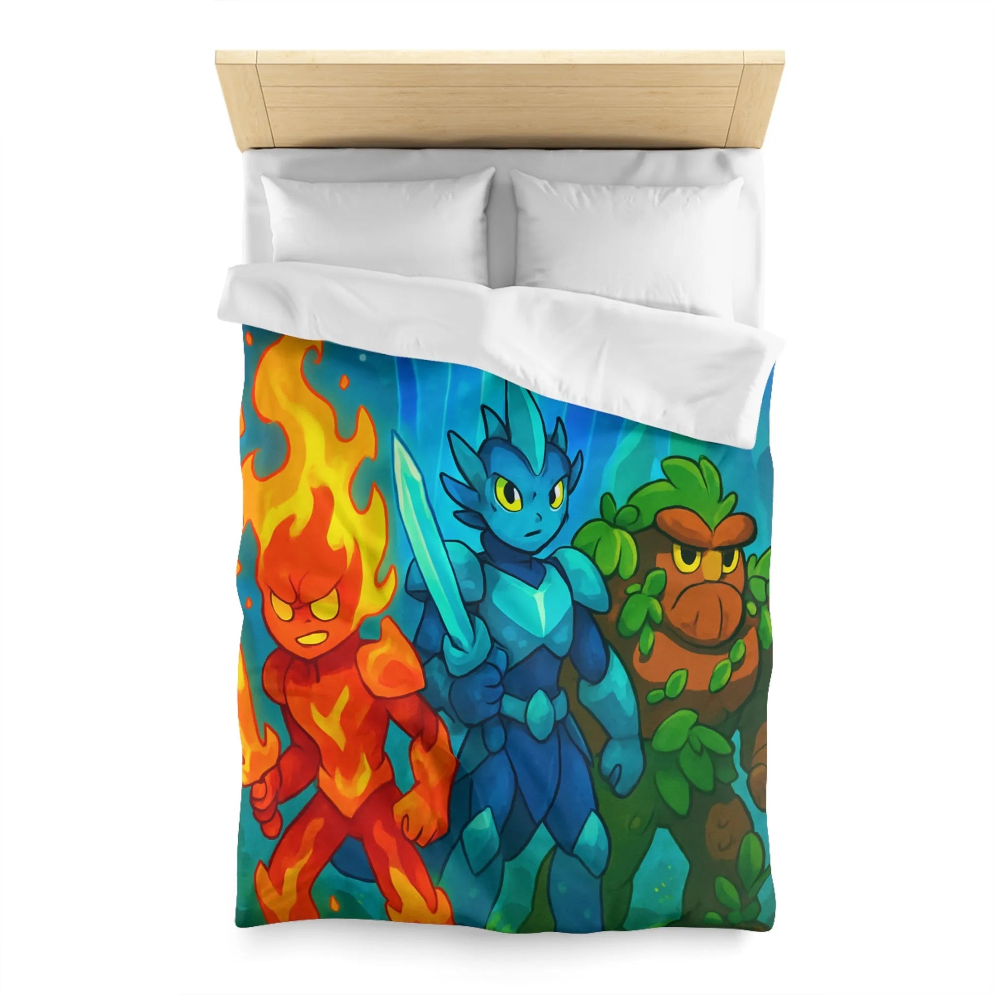 Housse de couette avec personnages élémentaires : feu, glace et terre, ambiance fantastique