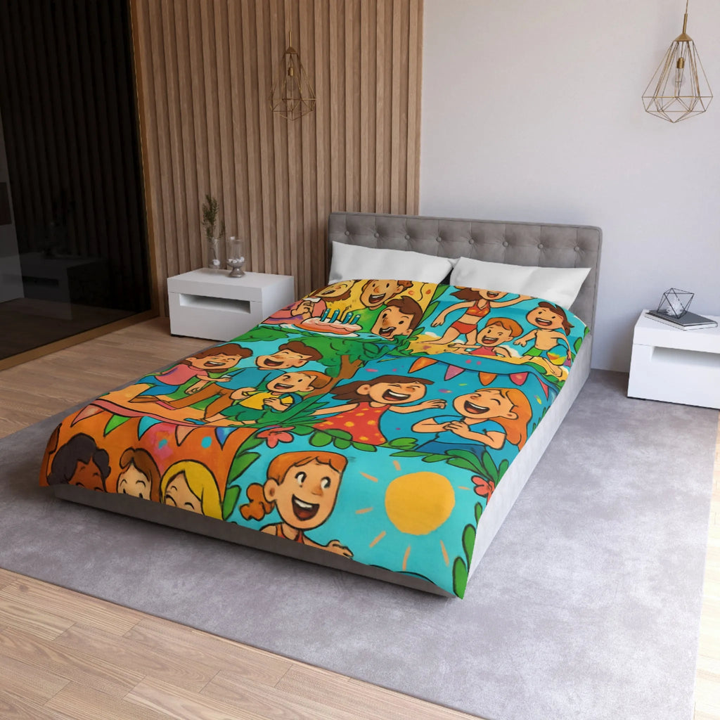 Housse de couette colorée avec scènes animées joyeuses pour enfants à thème festif