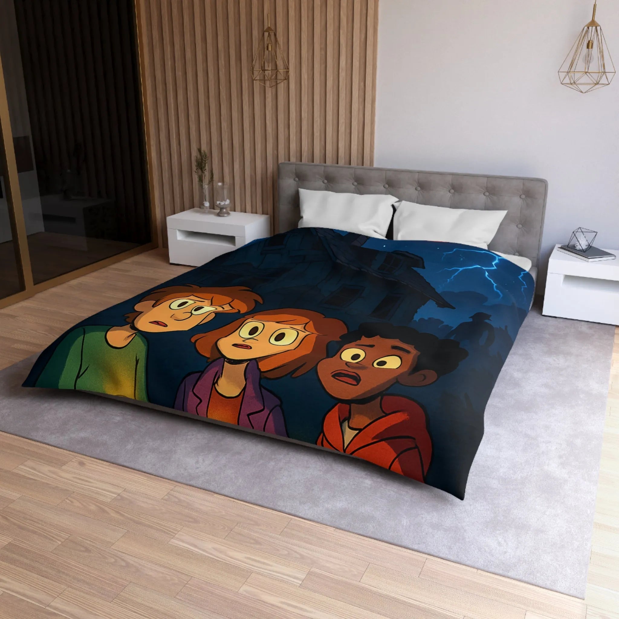 Housse de couette aventure mystérieuse, enfants explorant maison hantée sous lune rouge intrigante