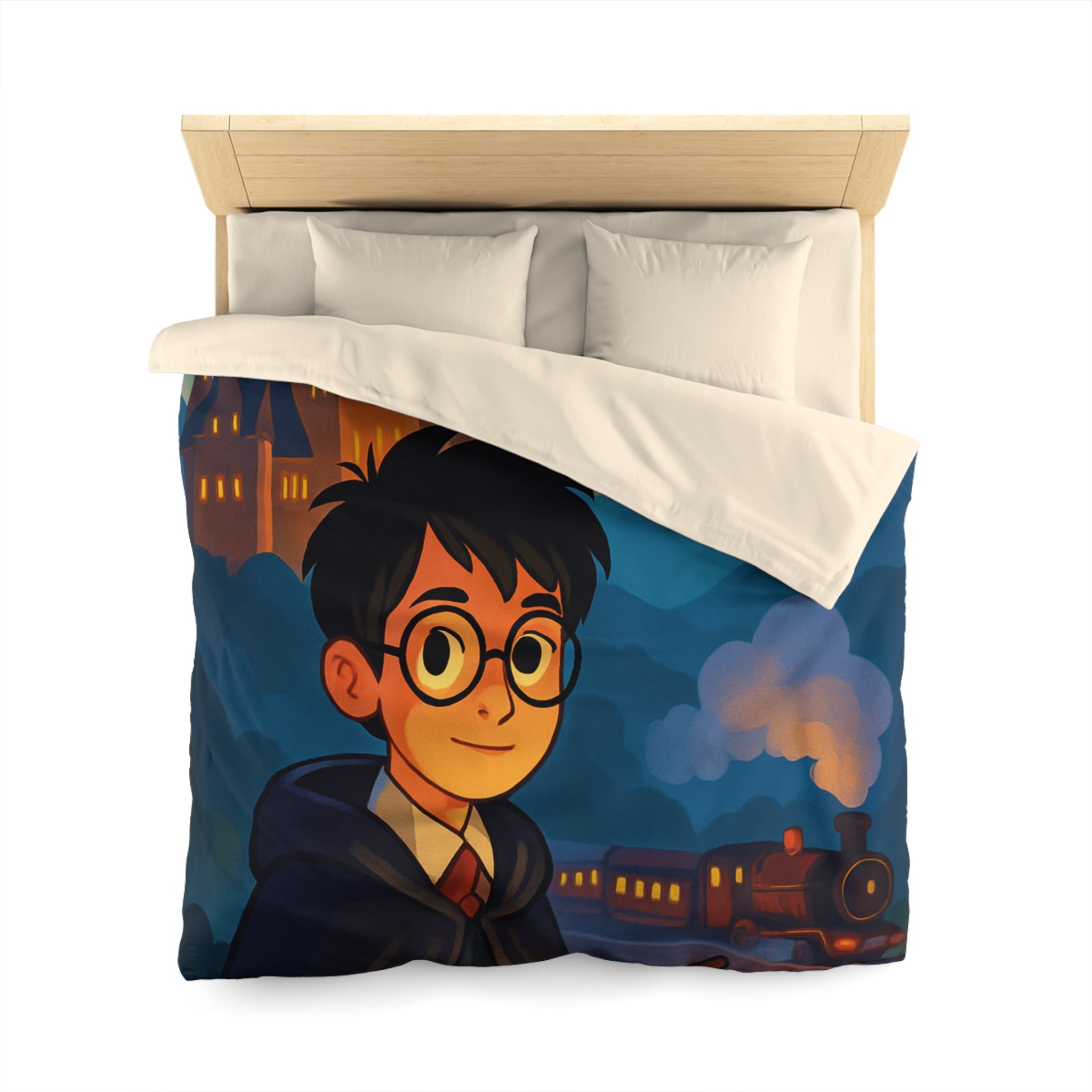 Magie nocturne : Housse de couette avec hibou, château et ambiance mystique montagnarde