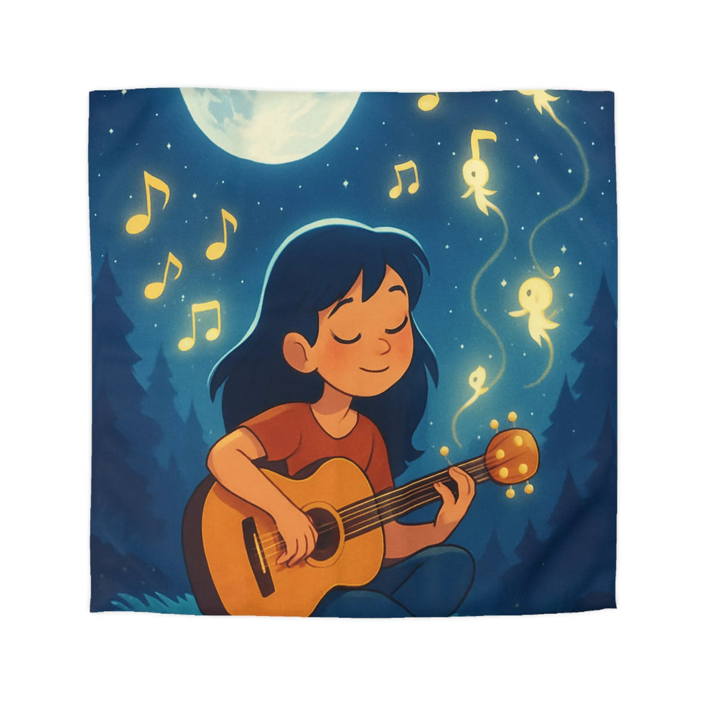 Housse de couette enchantée avec enfant jouant de la guitare sous la pleine lune