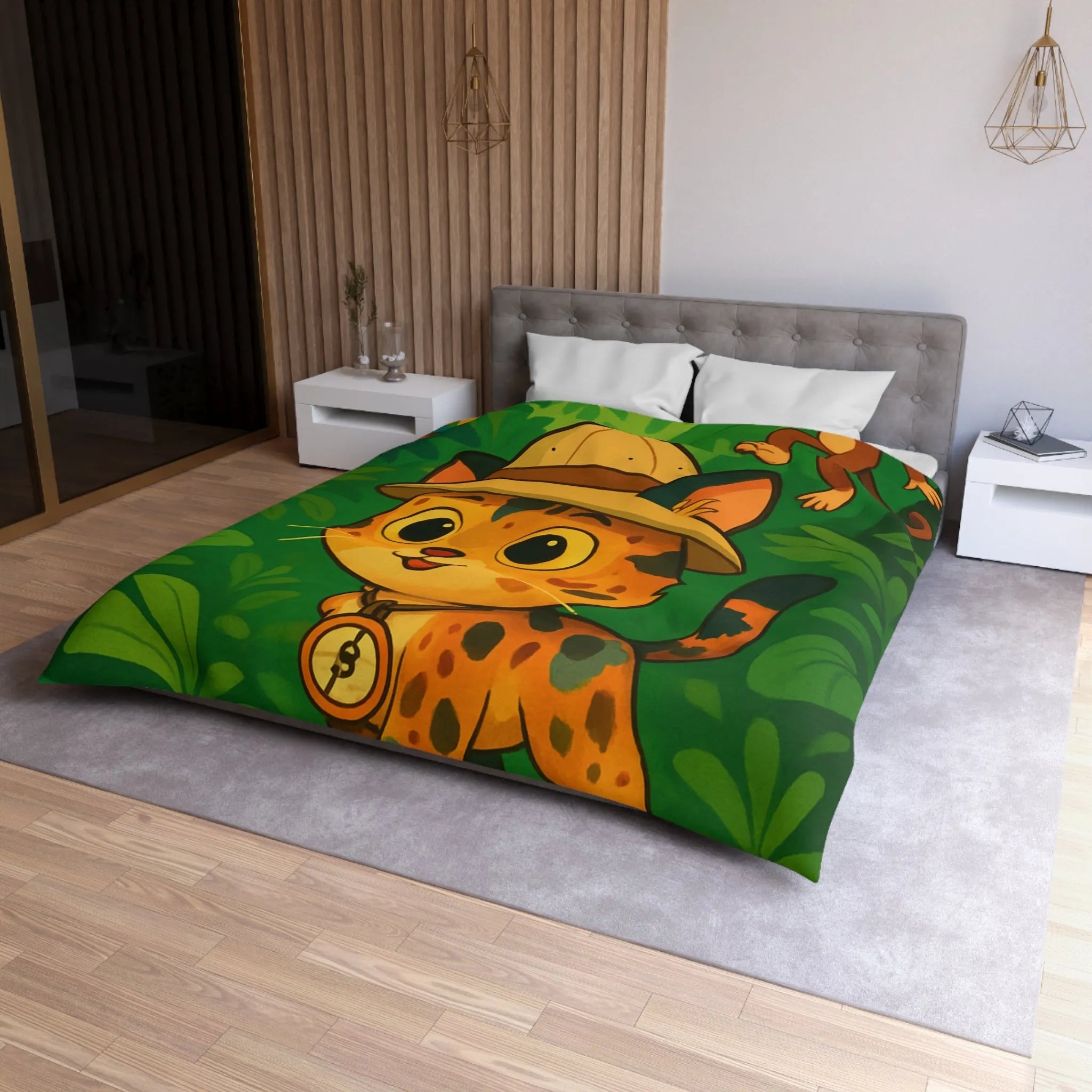 Housse de couette avec chat explorateur, jungle colorée, perroquet et singe joyeux