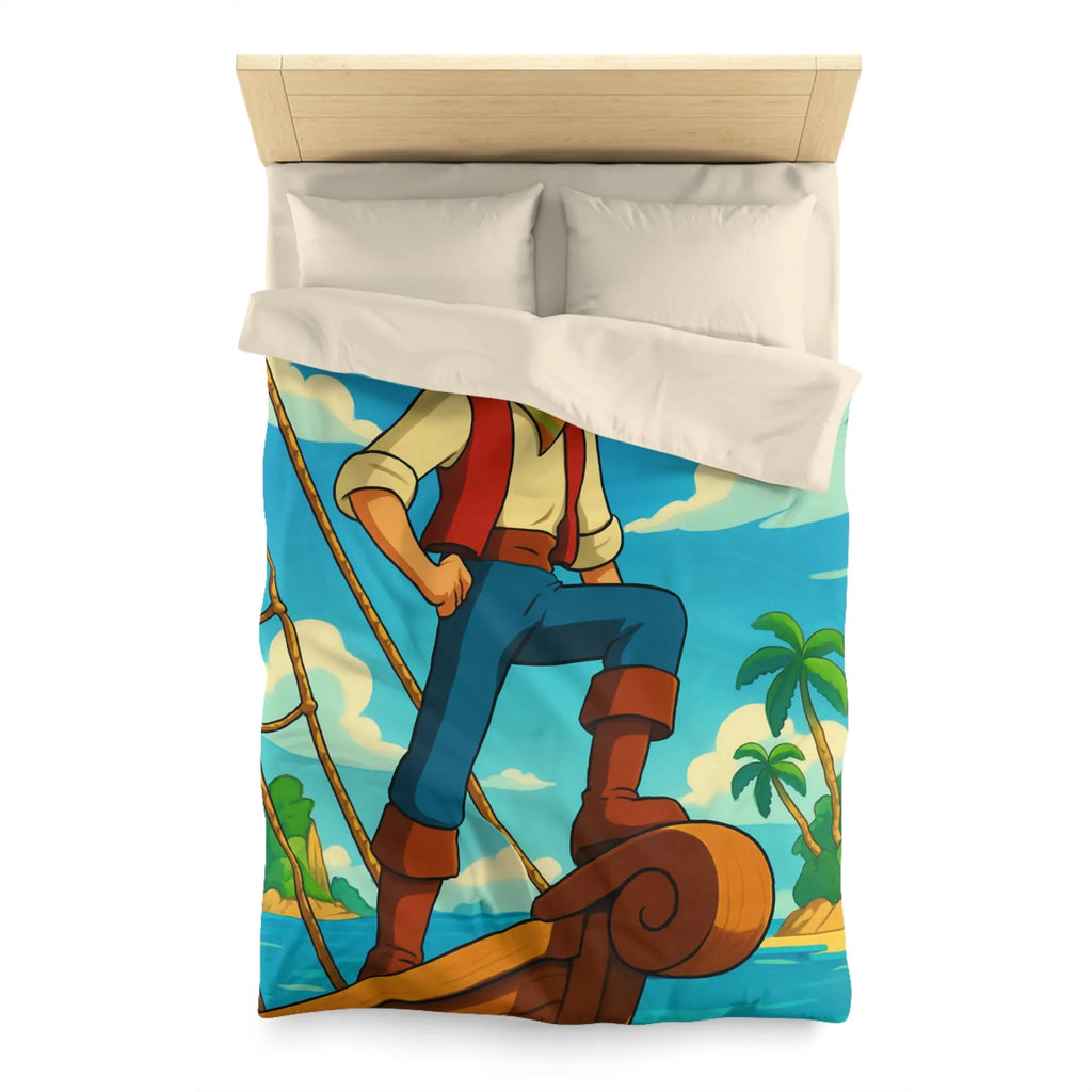 Housse de couette avec illustration de marin aventurier naviguant parmi palmiers et mer azur