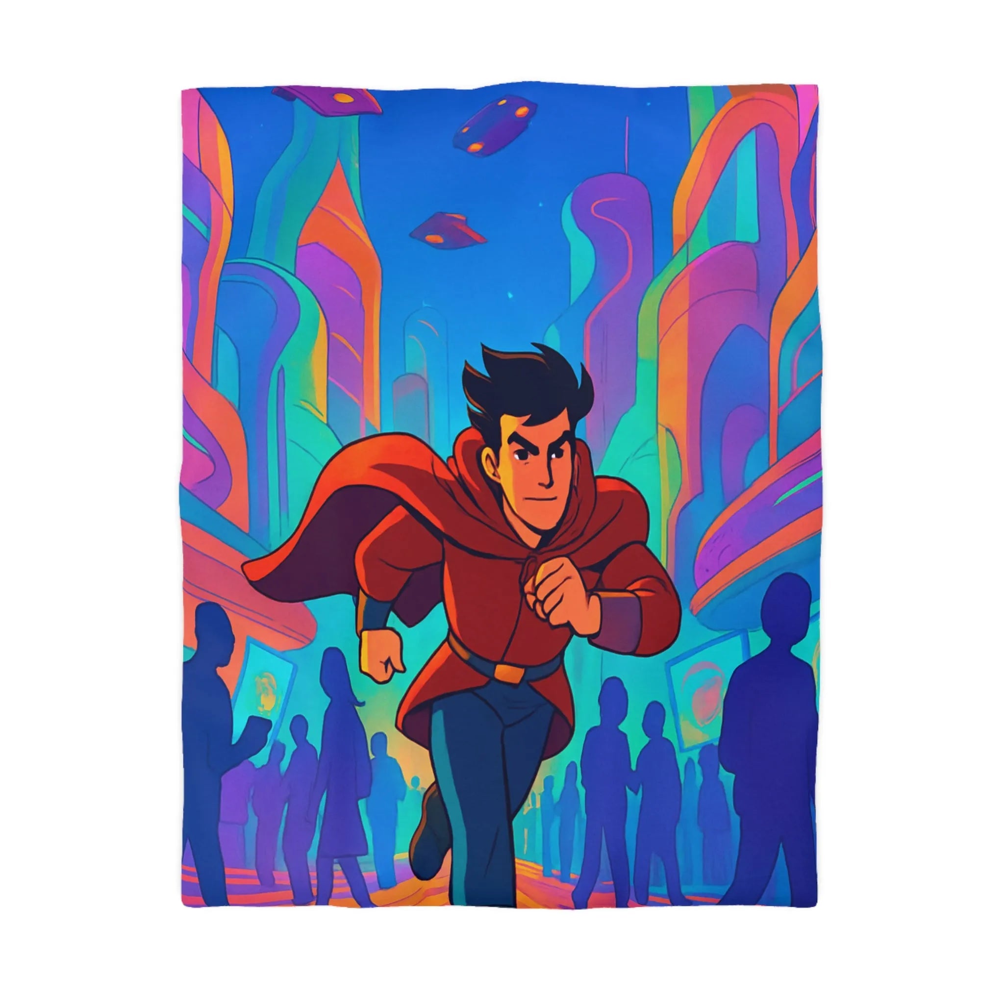 Housse de Couette avec Héros Futuriste Rouge Courant dans Ville Colorée et Dynamique