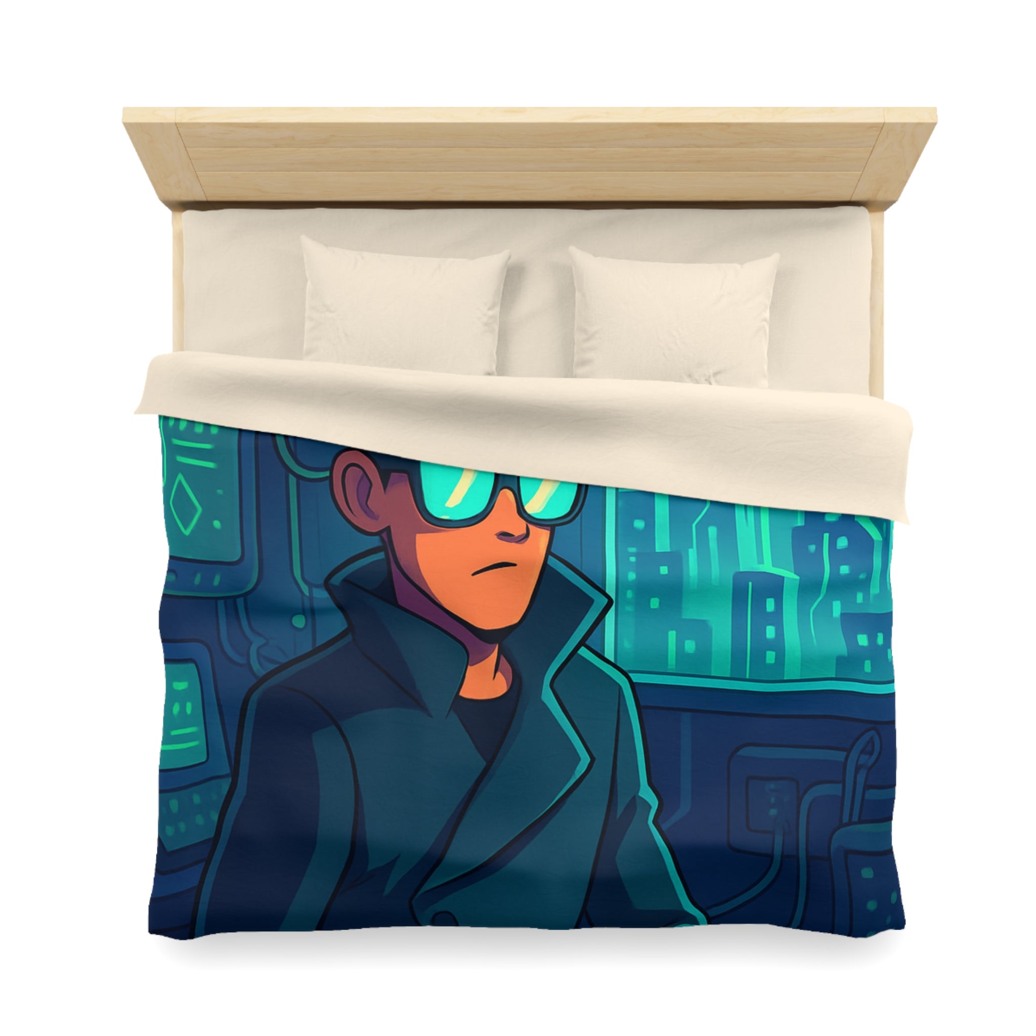 Housse de couette urbaine homme élégant en manteau dans appartement futuriste avec écran