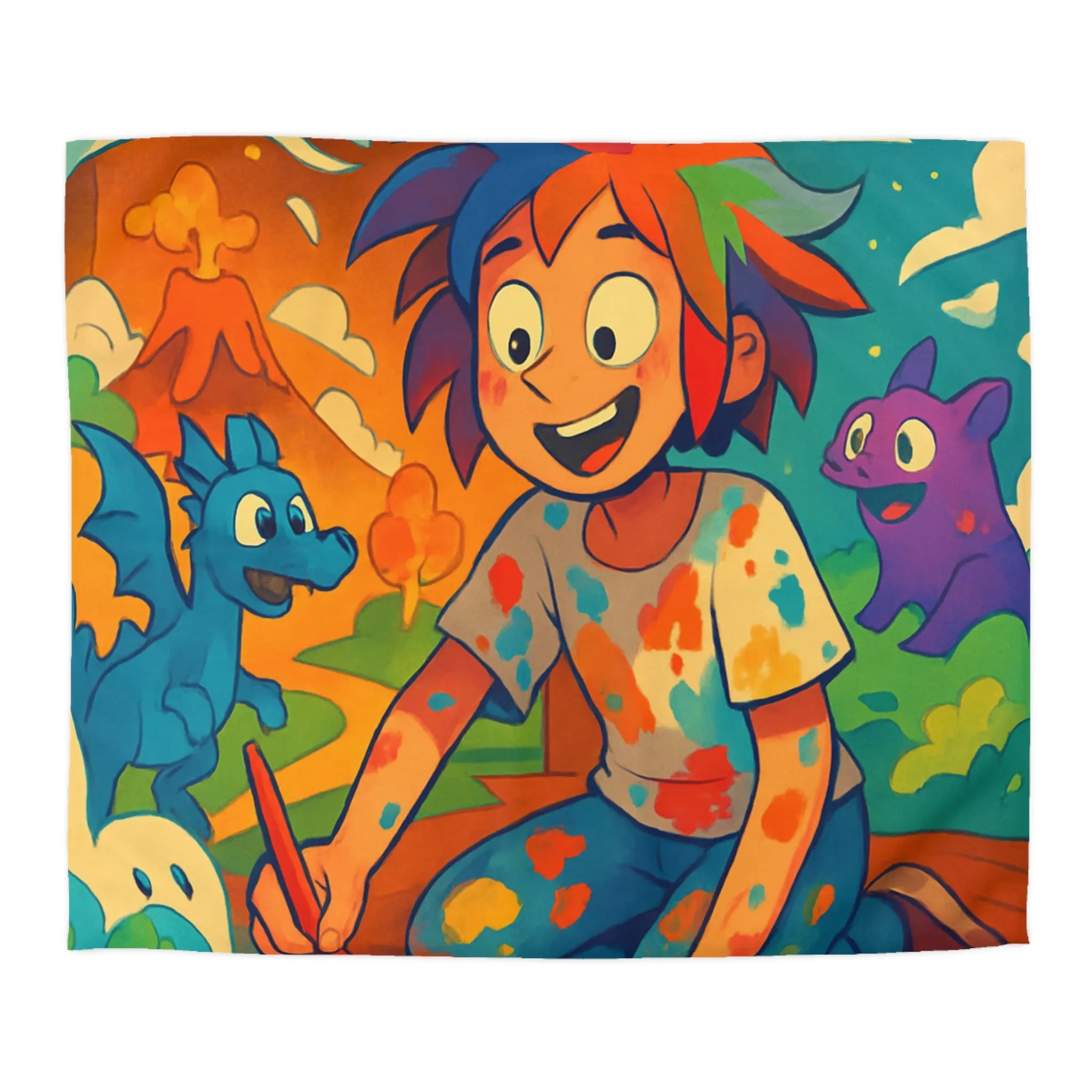 Housse de couette colorée illustrée avec enfant créatif et créatures fantastiques joyeuses