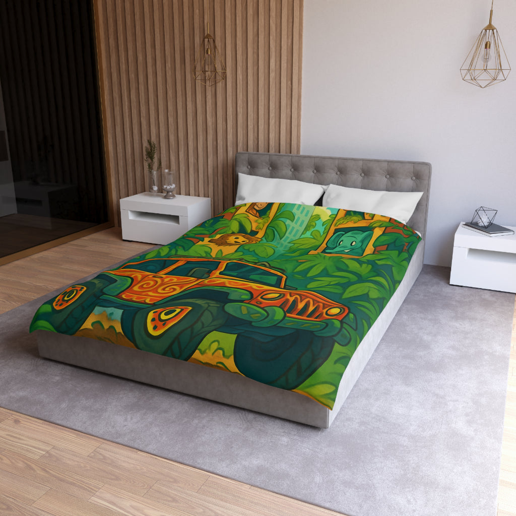 Housse de couette vibrante jungle aventure avec animaux et véhicule tout-terrain colorés