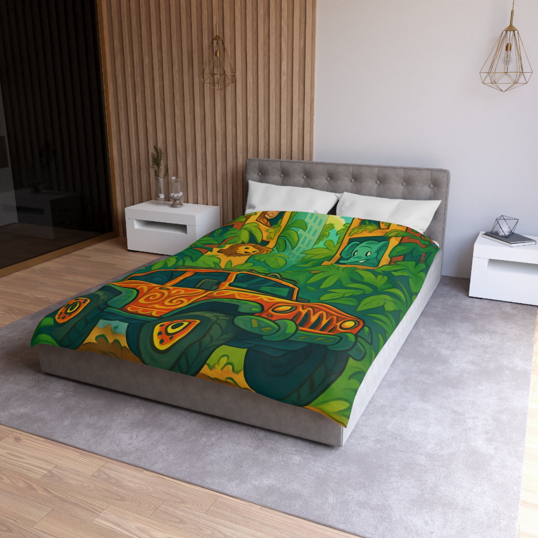 Housse de couette vibrante jungle aventure avec animaux et véhicule tout-terrain colorés